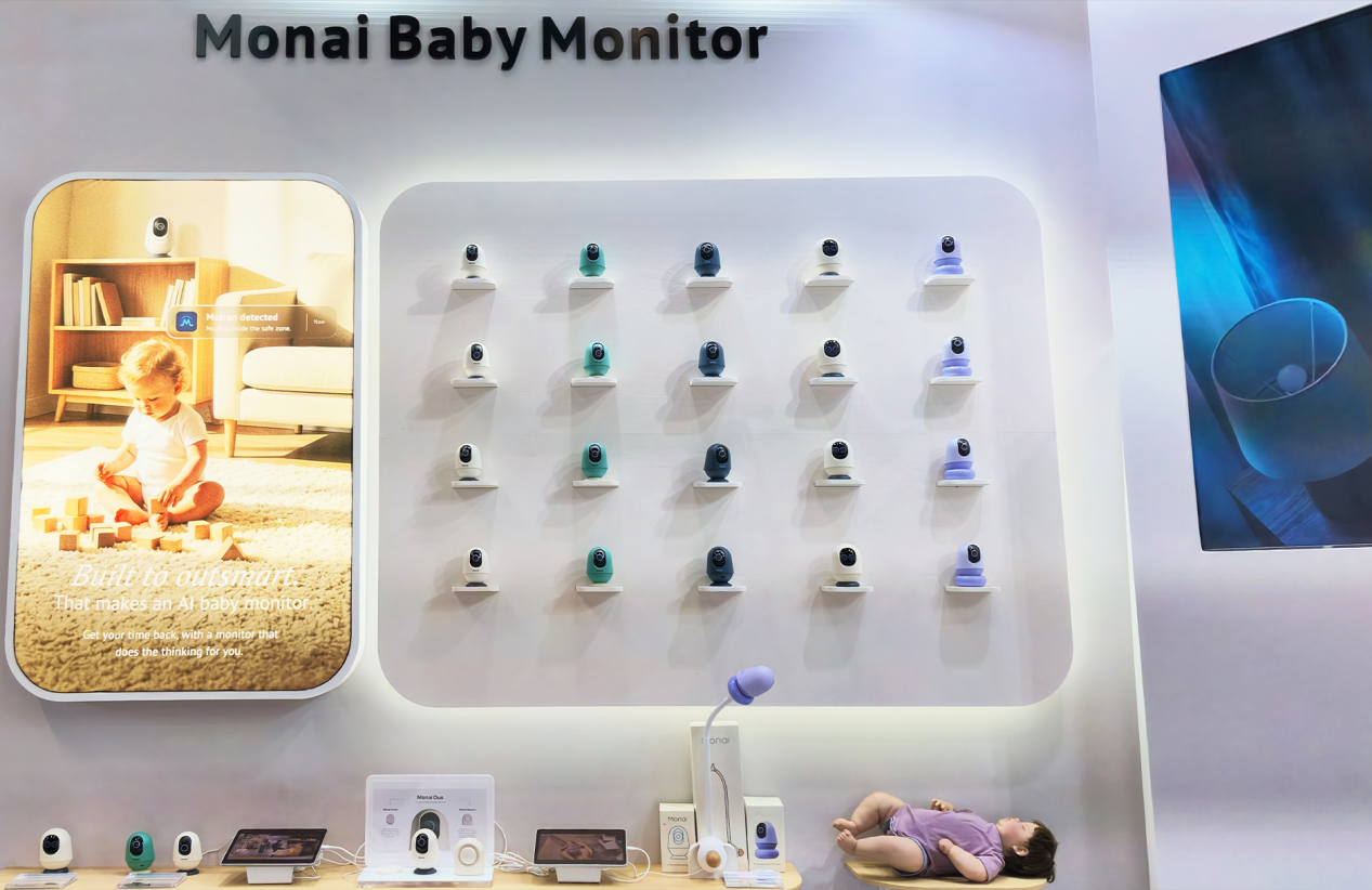Monai baby monitor wall featuring the Pro, Nest, Ultra, Pulse, and Beacon at Kind + Jugend 2026.