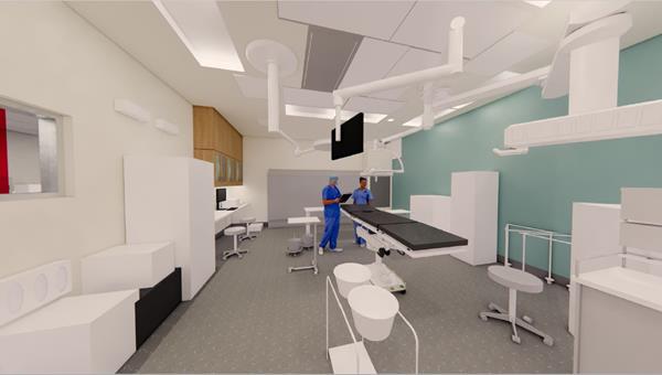 Artist rendering of a procedure room at Sutter Health Ambulatory Care Center and Surgery Center at Samaritan Court in San Jose, Calif.