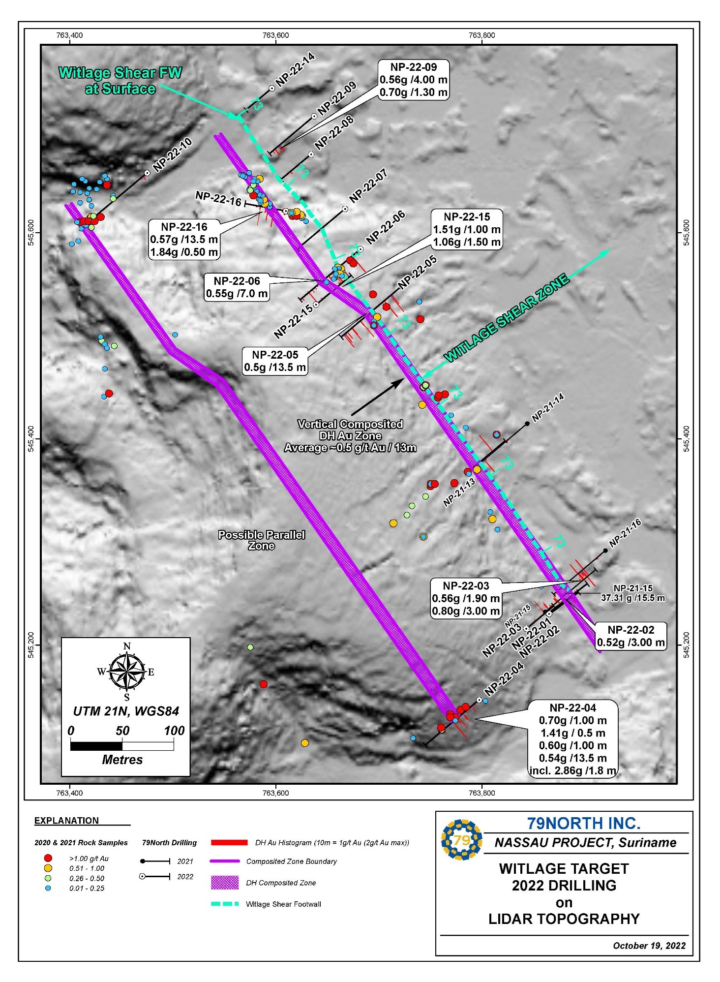 Geologic and LiDAR map with drill holes at the Witlage Gold Zone.