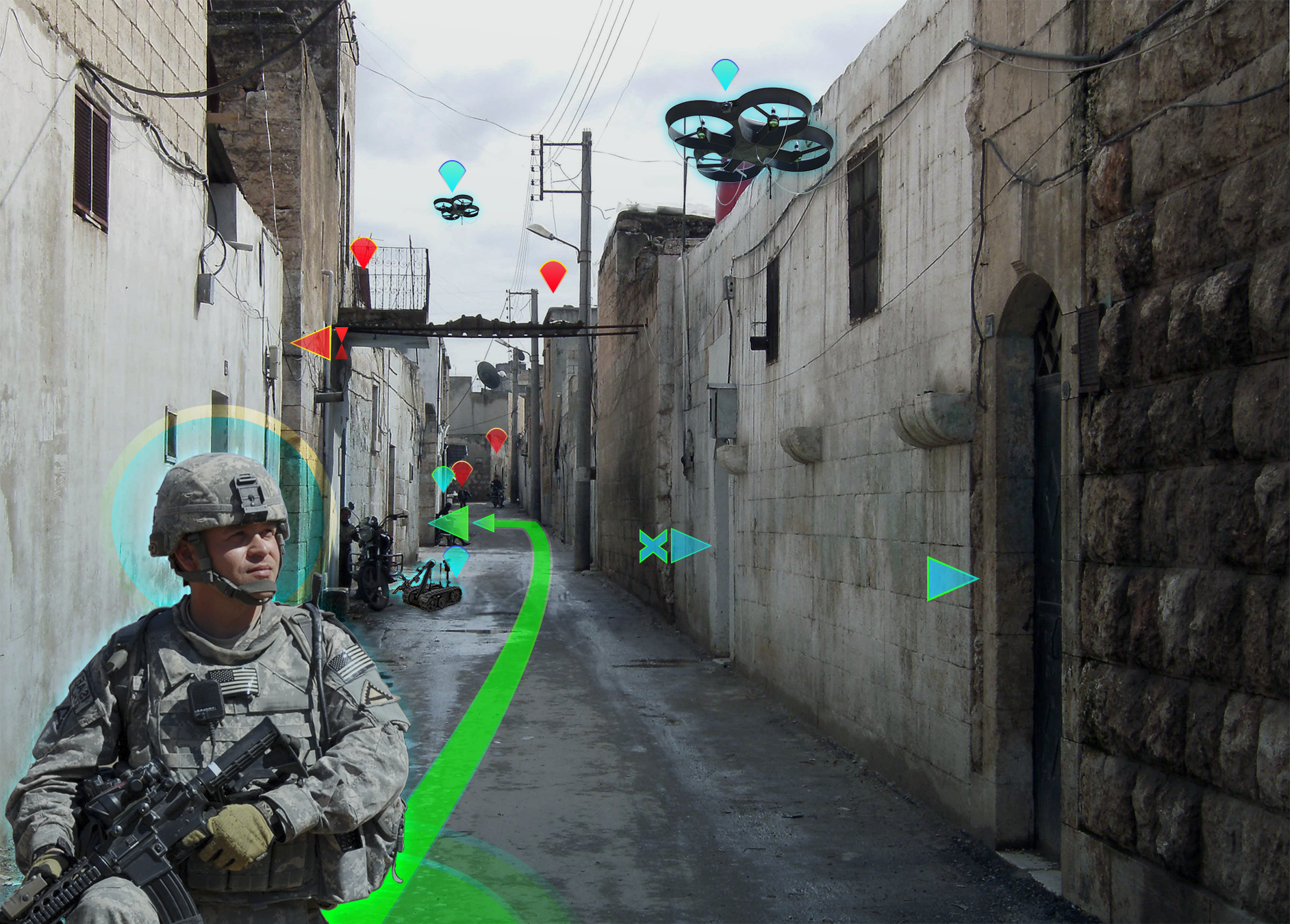 A U.S. Army soldier patrols an urban area in this artist’s concept showing aerial and ground unmanned vehicles supporting his mission as a team. The Army Research Laboratory has established a real-world testbed at Graces Quarters, Maryland, in which autonomous vehicles can be put through their paces in woods, fields, marshes and urban areas to explore similar scenarios. ARL image