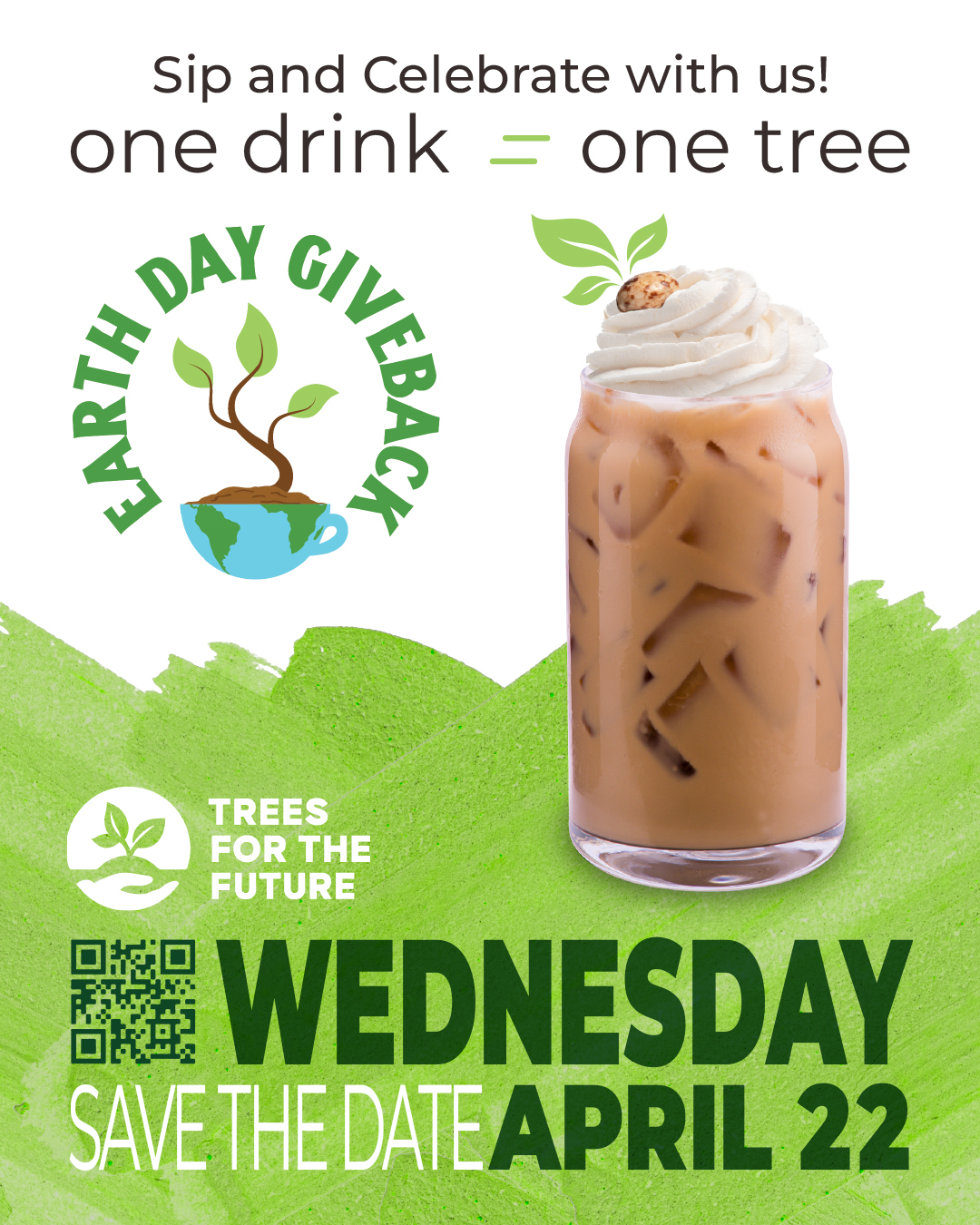 Every drink sold plants one tree through Trees for the Future, an international nonprofit with 30+ years of experience planting hundreds of millions of trees and teaching sustainable farming practices to coffee farmers worldwide.