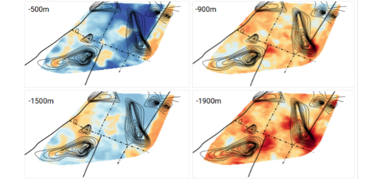 Plan-view slices from the 3D ANT shear-wave velocity model at approximately 500, 900, 1,500 and 1,900 metres below surface. Black contours show the previously interpreted salt isopachs derived from active-seismic modelling, while solid and dashed black lines show mapped and inferred faults, respectively. The spatial association between the pre-existing salt interpretations and lower-velocity zones is approximate, and the ANT model did not independently resolve the boundaries of the interpreted salt structures. Source: CAUR Technologies Inc., Vortex Energy - Robinsons River Salt, CAU-25-023 - Ambient Noise Tomography Survey, Final Report.
