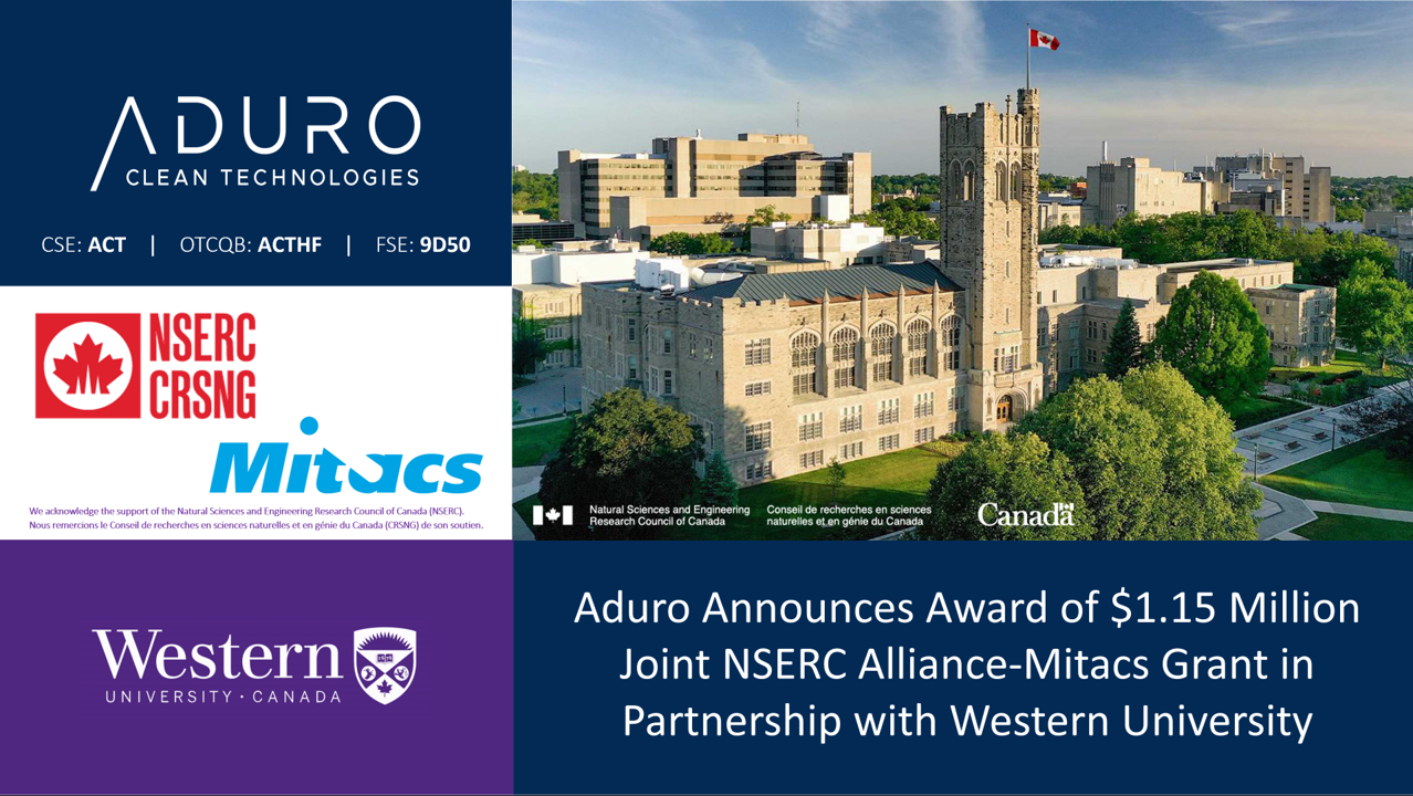 Aduro Announces Award of $1.15 Million Joint NSERC Alliance-Mitacs Grant in Partnership with Western University