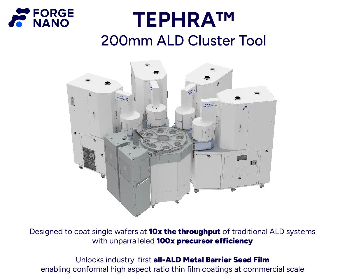 TEPHRA™ – Forge Nano’s new single-wafer, ALD cluster platform. Powered by Forge Nano’s ALDx technology, which offers ultrathin, uniform, pinhole-free films with an unprecedented 10x throughput for single-wafer processing, TEPHRA is dedicated to the manufacturing of specialty semiconductor applications on 200mm wafers and below. With 100x efficient chemical use, rapid cycle times, increased yield, and low-risk manufacturing, TEPHRA is the only single-wafer cluster tool with commercial throughput speeds serving applications in advanced packaging, power semiconductor, radio frequency devices (RFD), microLEDs, microelectromechanical systems (MEMS), and more.