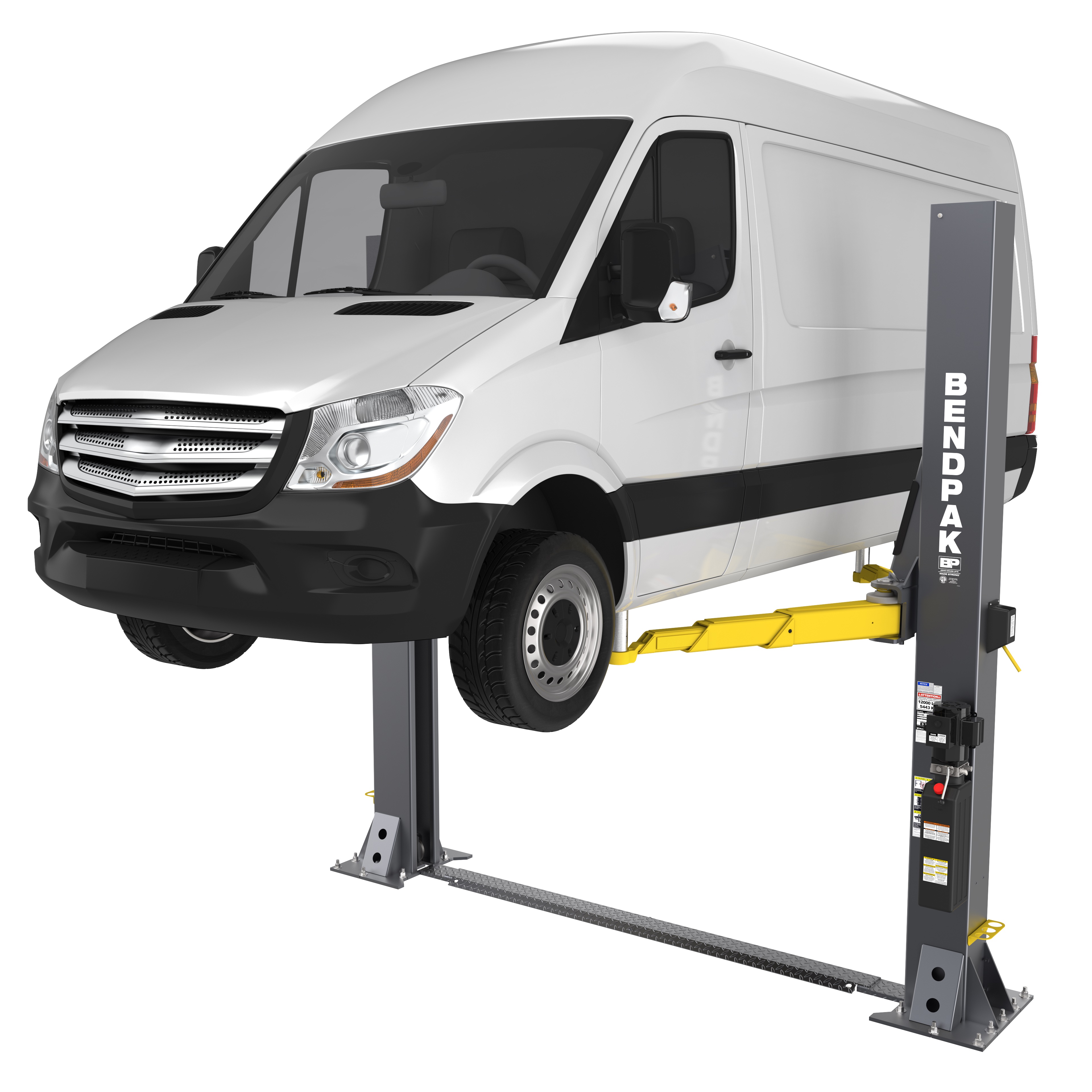 A floorplate BendPak two-post lift lifting a full-size commercial van