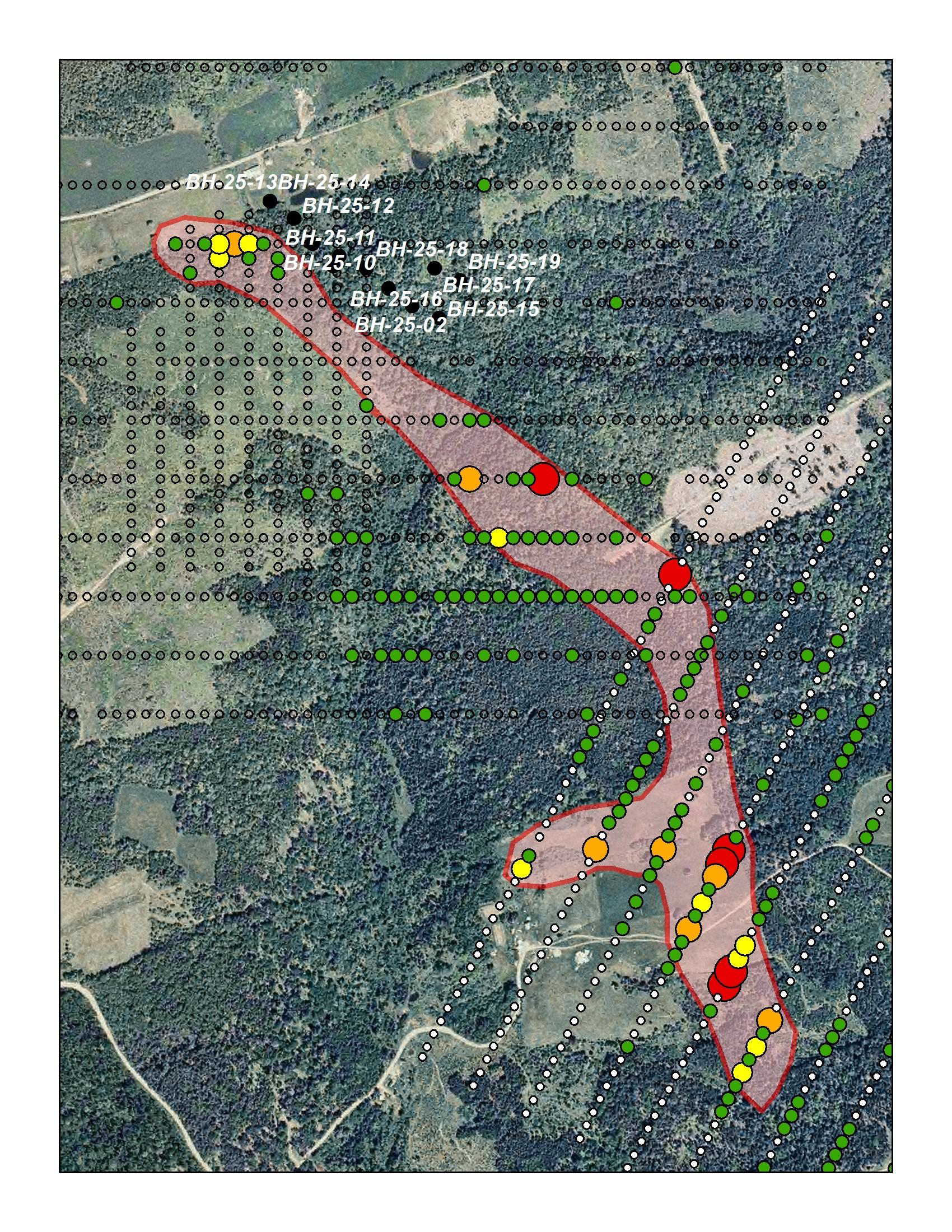 Trace of the Antimony in Soil Anomaly. Note the Drilling at the NW end of the anomaly in the Main Zone and that the remainder of the Anomaly is poorly explored. 