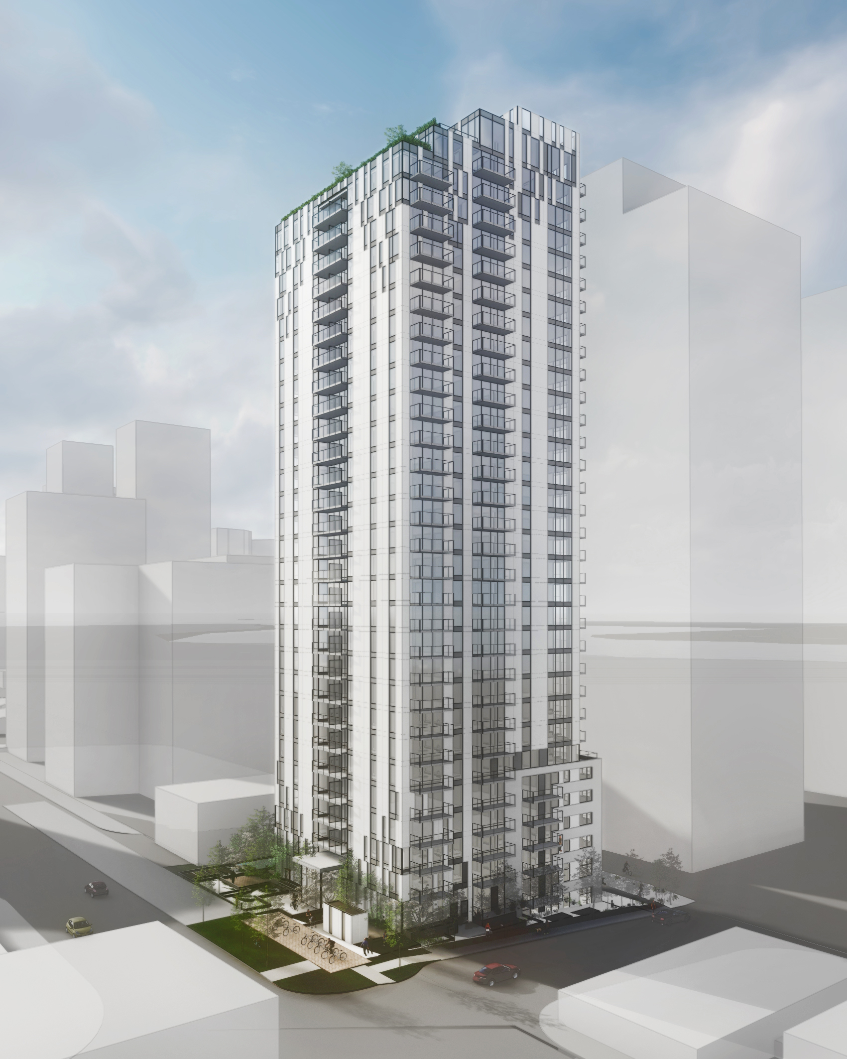 The proposed redevelopment plan consists of a 32-storey, purpose-built rental concrete tower featuring 242 market rental units and 58 below market rental units.