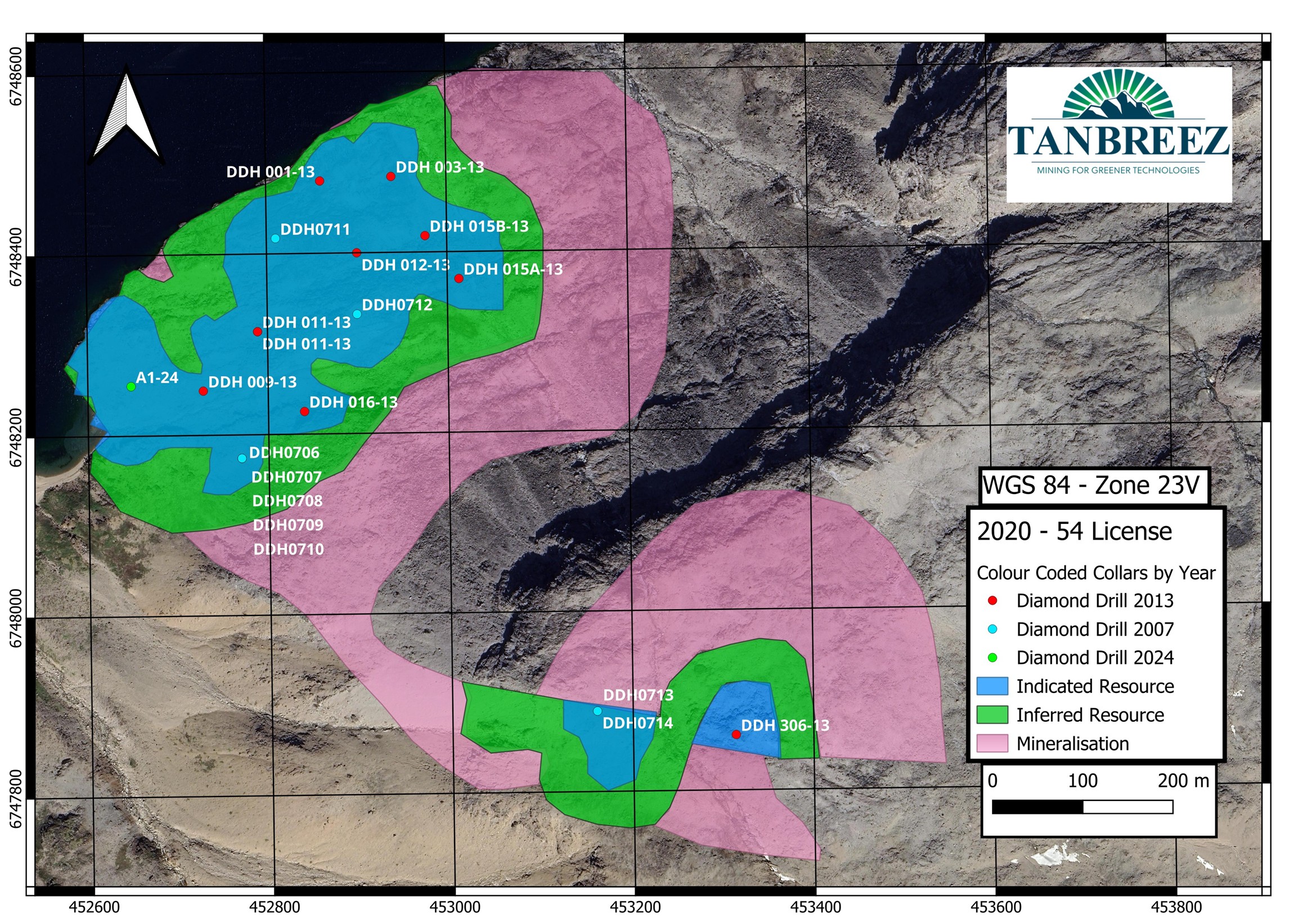 Location of drilling in relation to the mineral resource estimate for indicated, inferred drill hole results and outcrop kakortokite at surface.