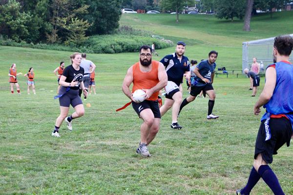 Photo: Jamie Lourenco of Toronto Muddy York RFC/ Toronto Lions RFC plays Flag Mixed Ability Rugby at practice 
Photo Credit: Charlotte Coulsen 
