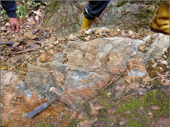 Figure 5 – Quartz Monzonite Outcrop Displaying Stockwork Veining with Quartz, Molybdenite, Chalcopyrite and Copper Oxides Grading 0.6% Copper