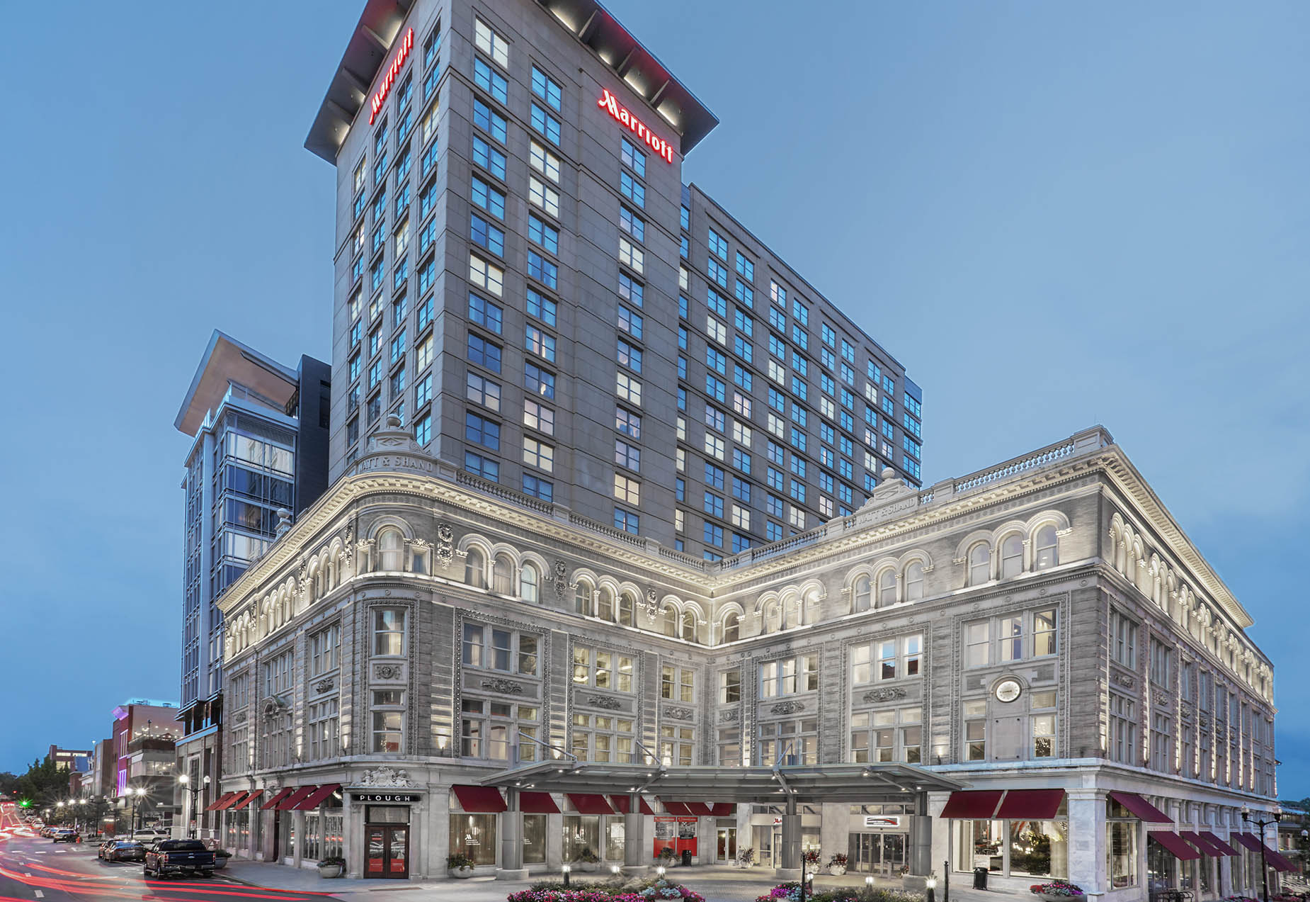 The Lancaster Marriott and Lancaster County Convention Center is an economic catalyst in historic downtown Lancaster, Pa. The gleaming new 12-story East Tower, featuring a street-level restaurant and spectacular rooftop bar, appears to the left and the newly refurbished West Tower shines on the right.