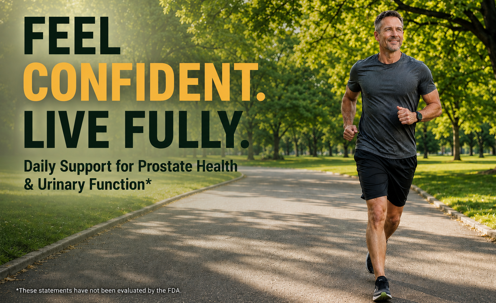 A mature man running confidently in a park, representing daily support for prostate health and urinary function.