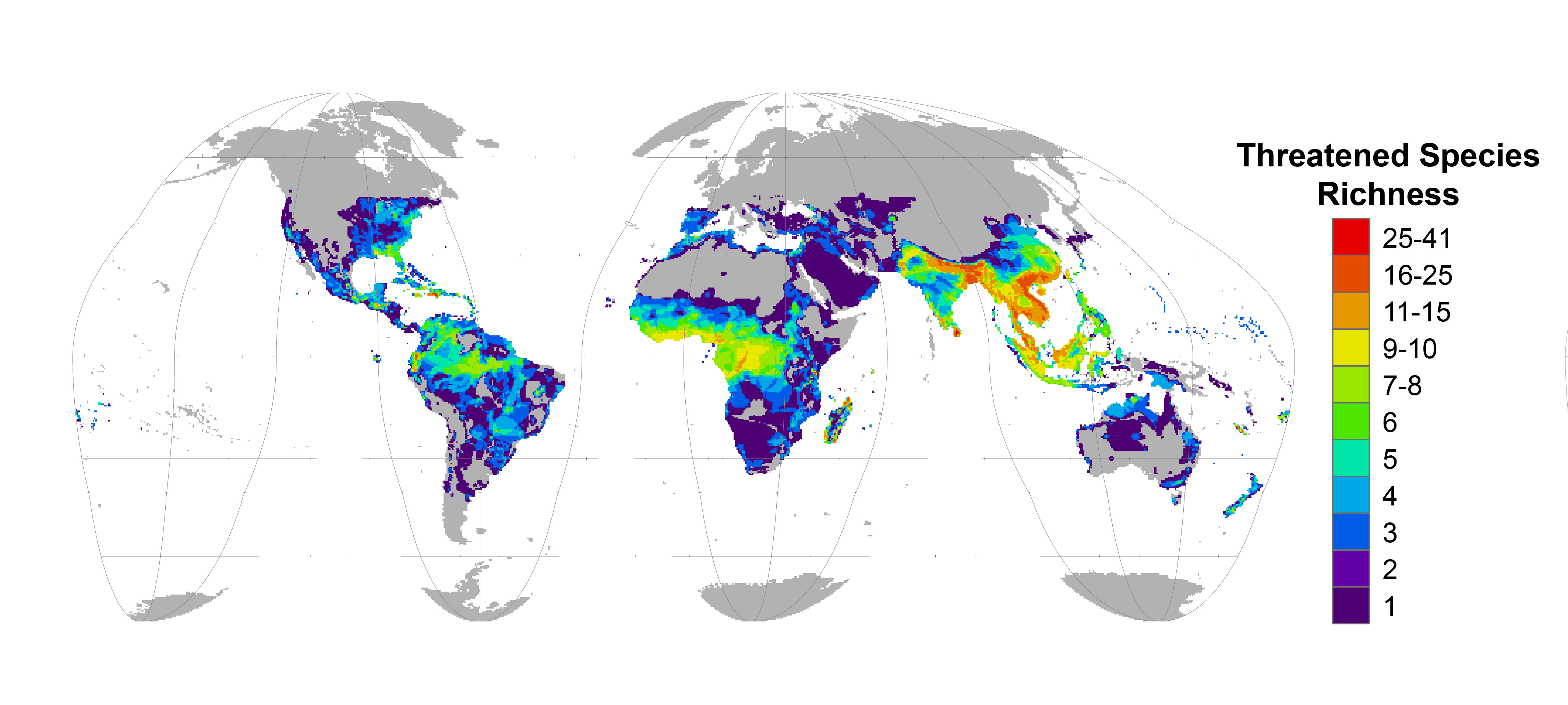 Reptile species are considered threatened if ranked as Vulnerable, Endangered, or Critically Endangered by The IUCN Red List of Threatened Species™. Species richness refers to the number of different species that occur in an area. Warmer (redder) colors denote a larger number of threatened reptile species. 
Cox, N. and Young, B. E., et al. Global reptile assessment shows commonality of tetrapod conservation needs. Nature (2022). https://doi.org/10.1038/s41586-022-04664-7