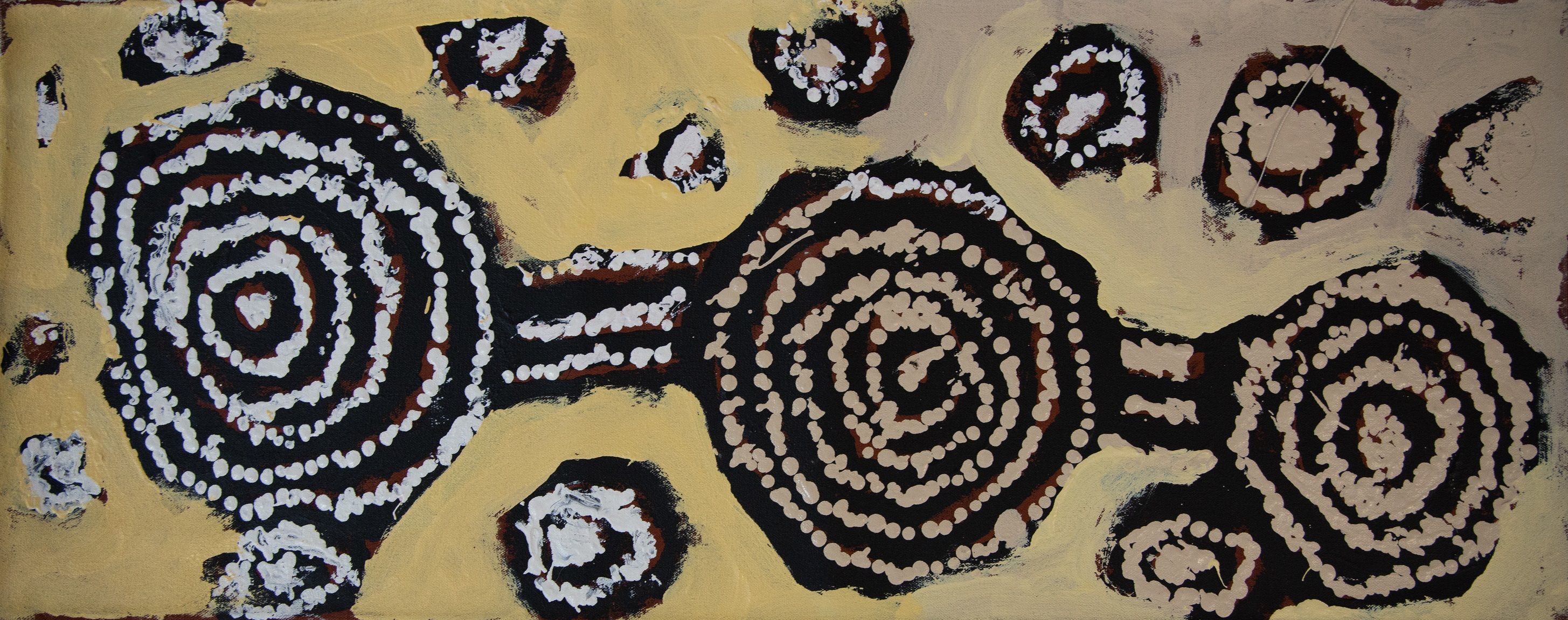 George Tjungurrayi Ward, Tingarri, acrylic on linen, 300x760mm 2021. Image courtesy of Warakurna Artists