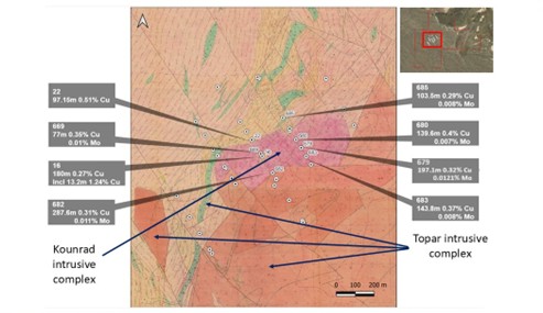 Historical drillholes containing Cu/Mo mineralized intervals shown on geology map (Zhukov, 1982)