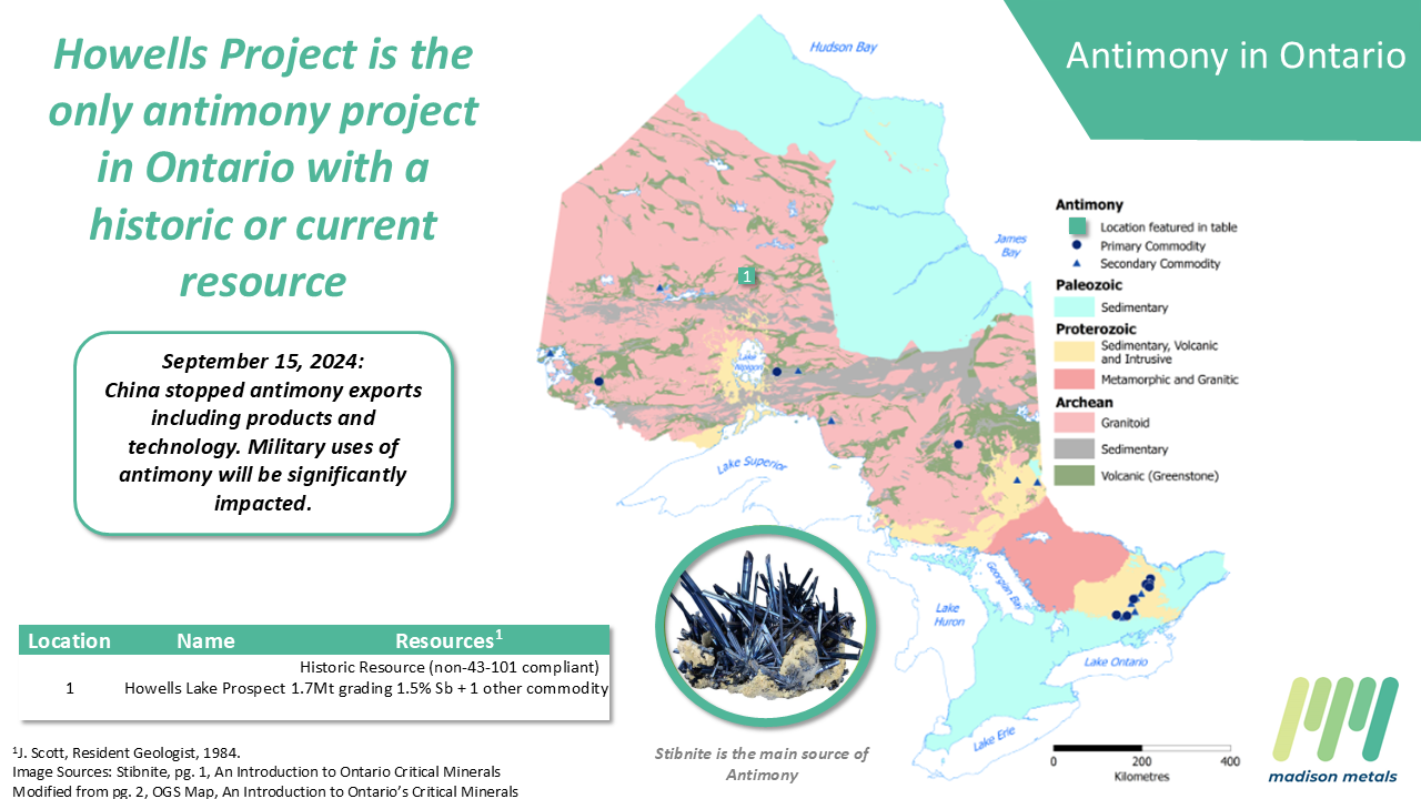 Map showing the Howells Lake Project as the only significant primary antimony project in Ontario, Canada. 