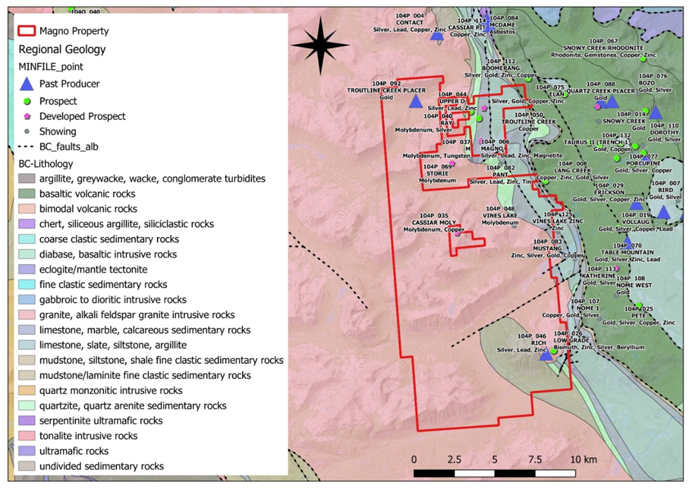 Magno property with BC regional geology highlighting historical work and present showings