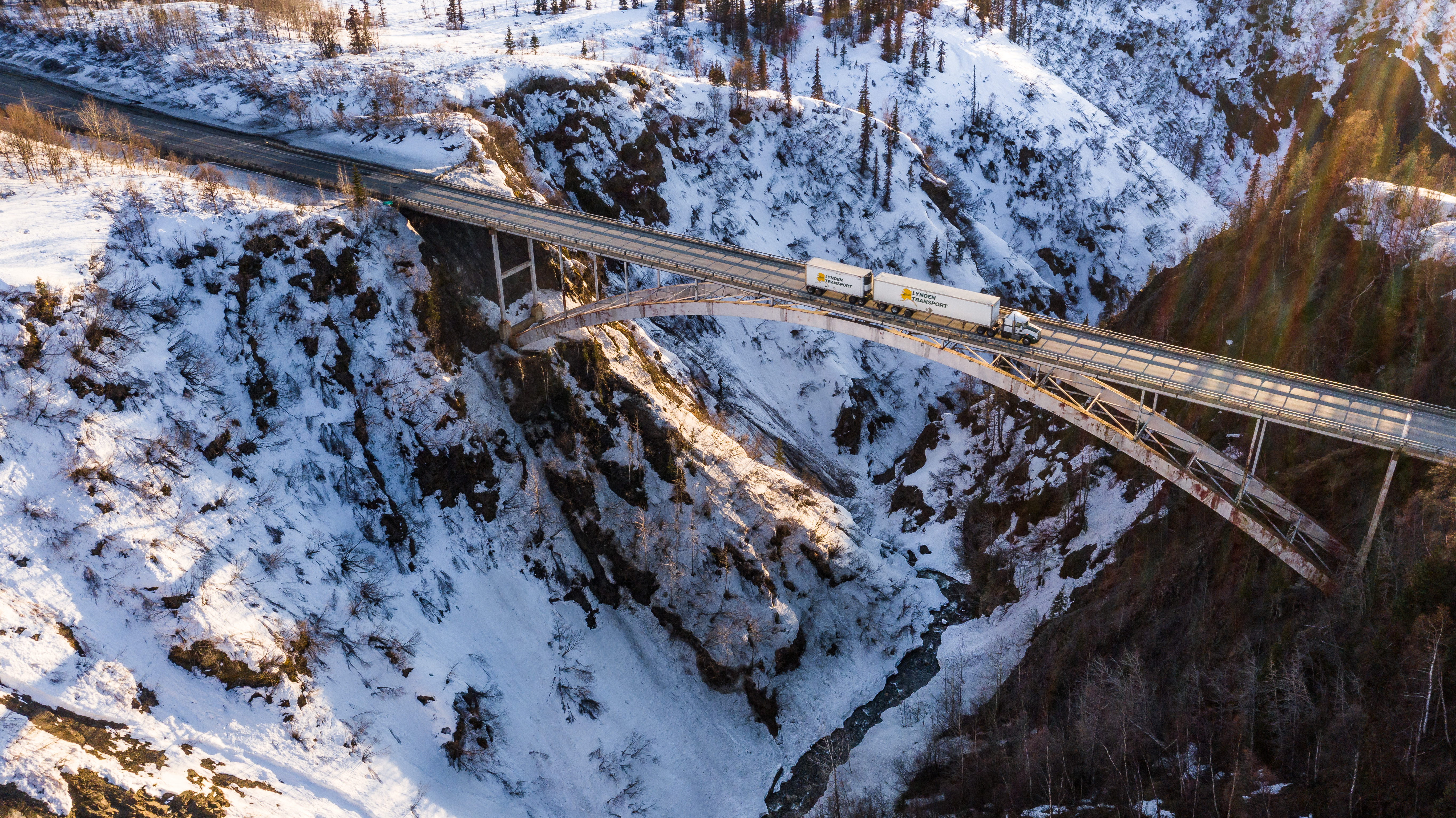 A Lynden Transport truck crosses Hurricane Gulch on the way to Fairbanks, Alaska.