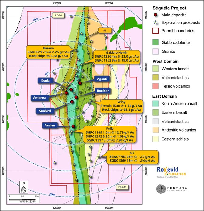Séguéla Project recent regional exploration highlights; drill intersections are downhole intervals