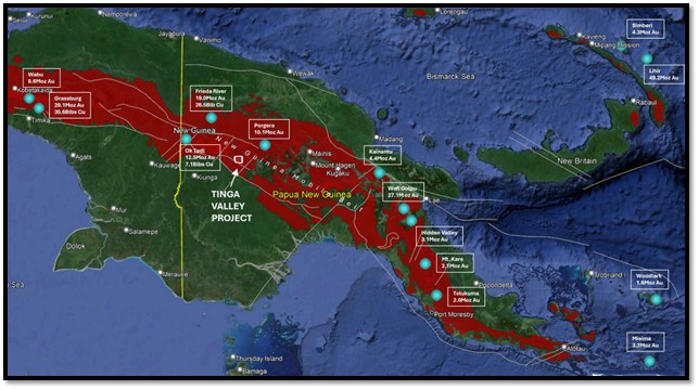 Figure 2: Location of Tinga Valley, Papua Mobile Belt and Tier 1 deposits.