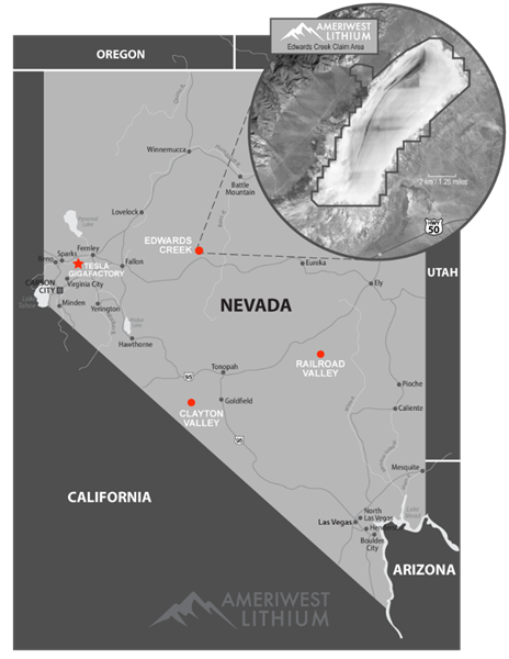 Figure 1 – Edwards Creek Valley relative to Tesla Gigafactory and Ameriwest holdings at Clayton and Railway valleys.