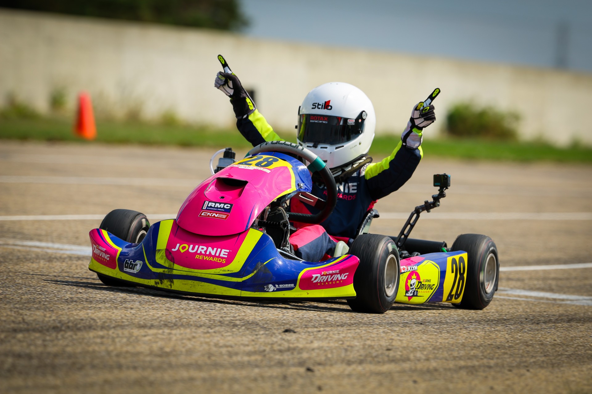 Jack Klym celebrates after winning the Max Karting Group Canada Final on Aug. 3, 2025, at Stratotech Racing Park in Alberta. He punched a ticket to the Rotax Max Challenge Grand Finals with the win.