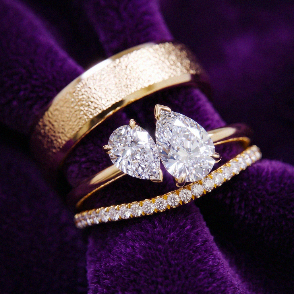 Custom toi et moi engagement ring with matching ladies' and men's wedding bands, designed and handcrafted by Solitaire x Alex Armen. The bespoke bridal set showcases the timeless symbolism of two gemstones united in one ring, complemented by coordinating custom wedding bands crafted for a harmonious and enduring expression of love. Toronto-based Solitaire x Alex Armen specializes in custom engagement rings, wedding bands, and heirloom-quality fine jewellery.
