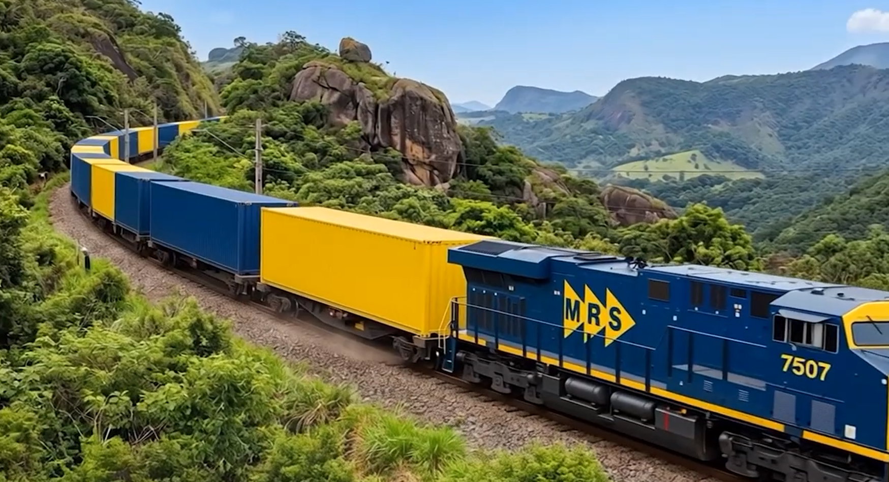 MRS freight train carrying shipping containers through a mountainous landscape in Brazil.
