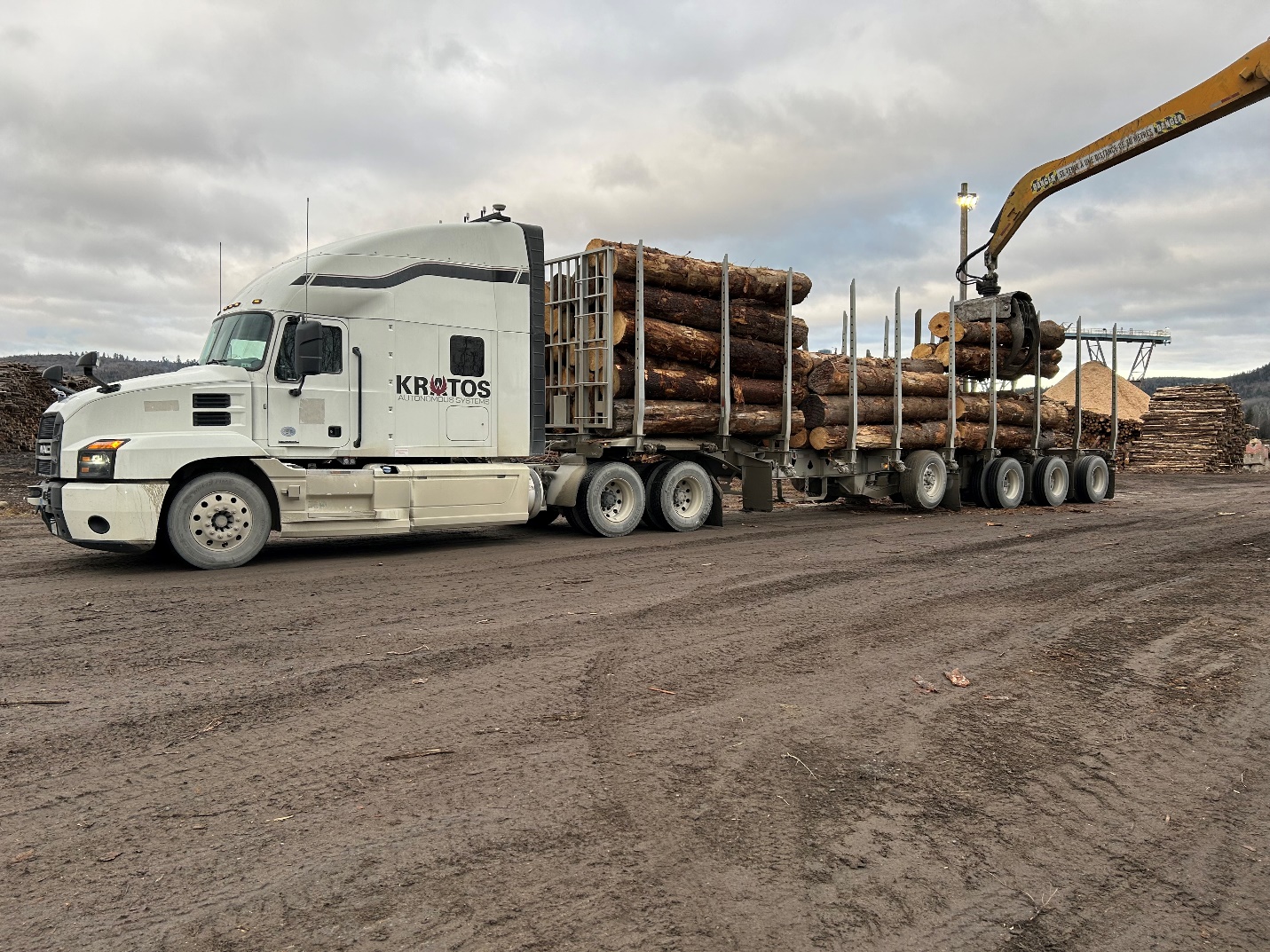 Trucks being loaded to 80,000 lbs in preparation for deployment along forestry routes transporting timber to the sawmill.