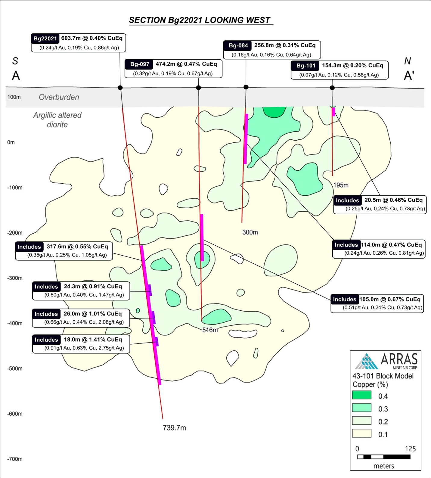 Cross-section showing drill holes Bg22021 in relation to historical drill hole Bg-084, Bg-097 and Bg-101. Also shown are grade contours based on the Beskauga block model for copper (only) developed for the purposes of the current Mineral Resource Estimate for Beskauga (for further details, please (see Arras’ press release on June 20, 2022). CuEq grades of key intercepts in Bg22015 and historical holes are shown. The cross-section demonstrates the steep dipping high-grade copper-gold-silver trend observed through Arras’ exploration to date. This trend is observed beginning at the paleo-bedrock surface (41 m in depth) and averages between 200-300 m wide and to be consistently mineralized down to at least 1000 meters.