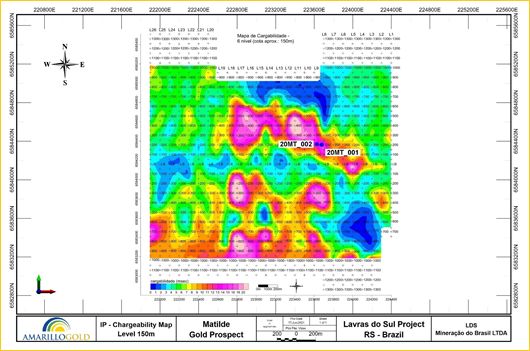 FIGURE 6: PLAN VIEW OF LOCATION OF DRILL HOLES 20MT_001 AND 20MT_002 RELATIVE TO CHARGEABILITY ANOMALY