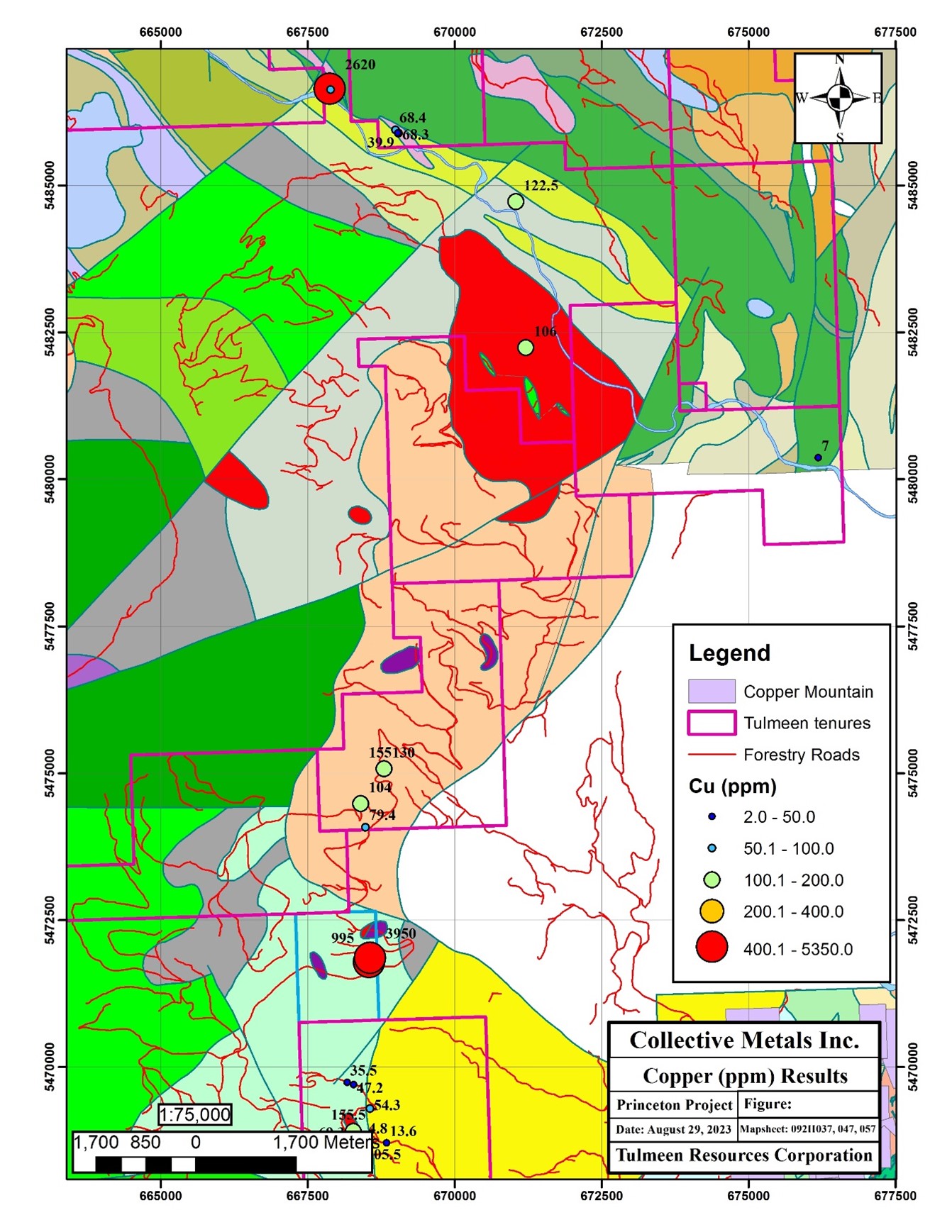 Map showing copper results from the 2023 outcrop samples in the northern half of the Project