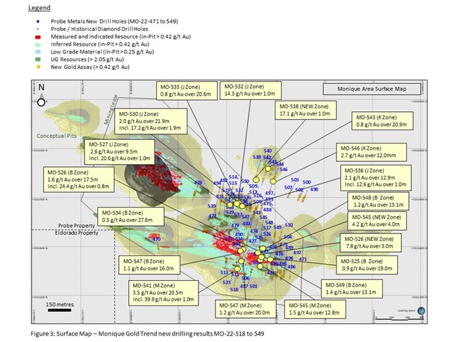 Surface Map – Monique Gold Trend new drilling results MO 22-518 to 549