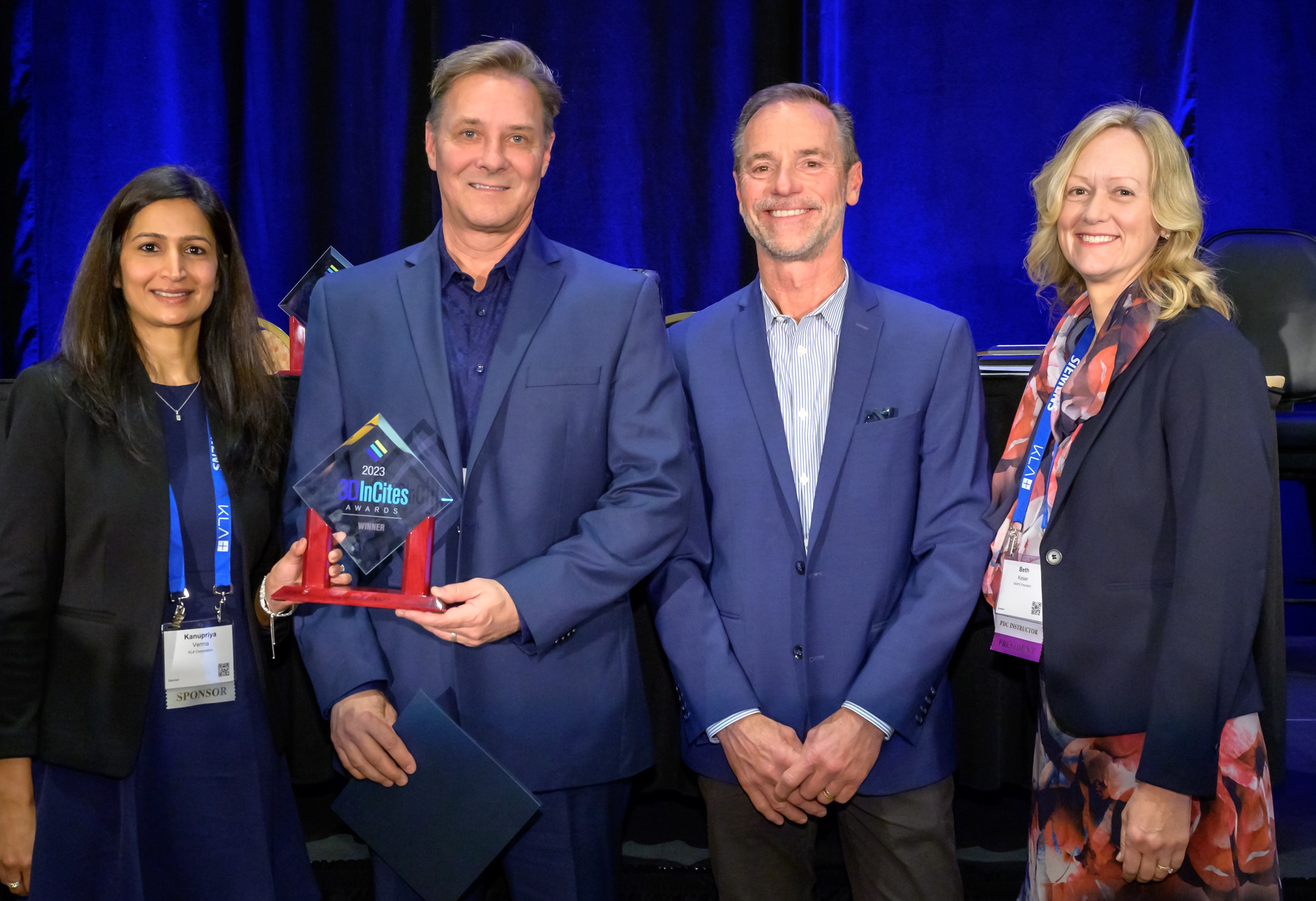 Pictured from left: Kanupriya Verma, Product Marketing Manager, KLA Swift Division; Saras Micro Devices’ Chief Executive Officer Ron Huemoeller and Chief Business Officer Eelco Bergman; and Beth Keser, PhD, Director of Package Engineering, Intel, and President of iMAPS.