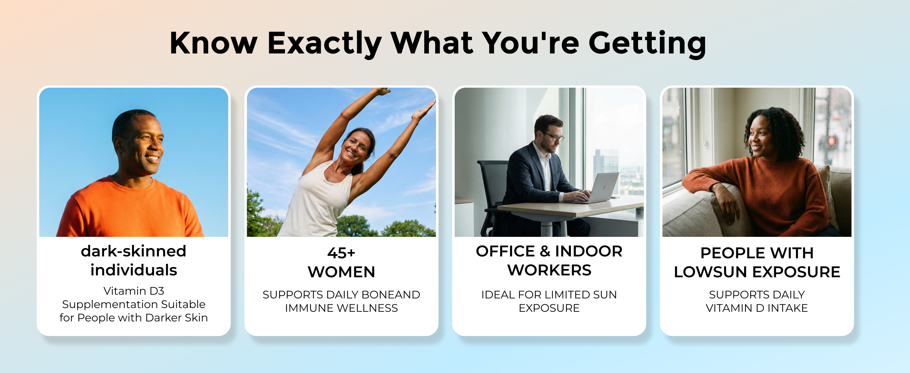 Four panels explaining target groups for the vitamin d3 k2 supplement, including office workers and dark-skinned individuals.