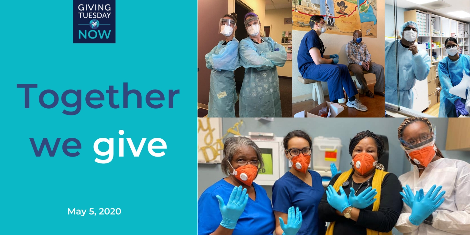 #GivingTuesdayNow collage of health care workers at NAFC Member Free and Charitable Clinics in the U.S. - Family Health Partnership Clinic, Crystal Lake, IL; Symba Center, Apple Valley, CA; Caridad Center, Boynton Beach, FL; Ubi Caritas, Beaumont, TX