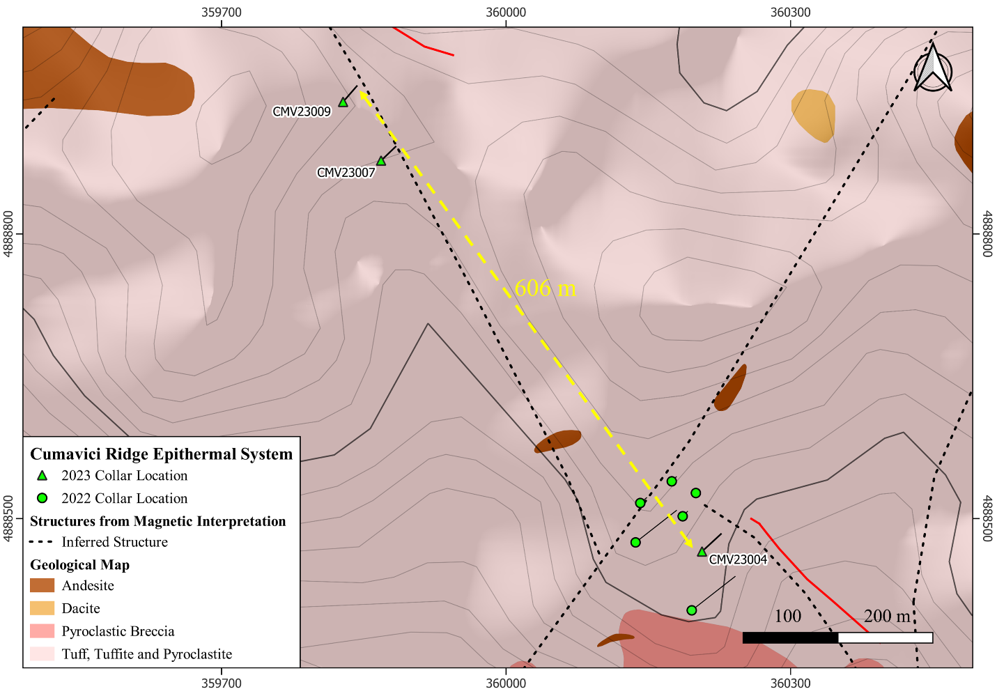 Geological map illustrating the drillholes CMV23004, 007 and 009