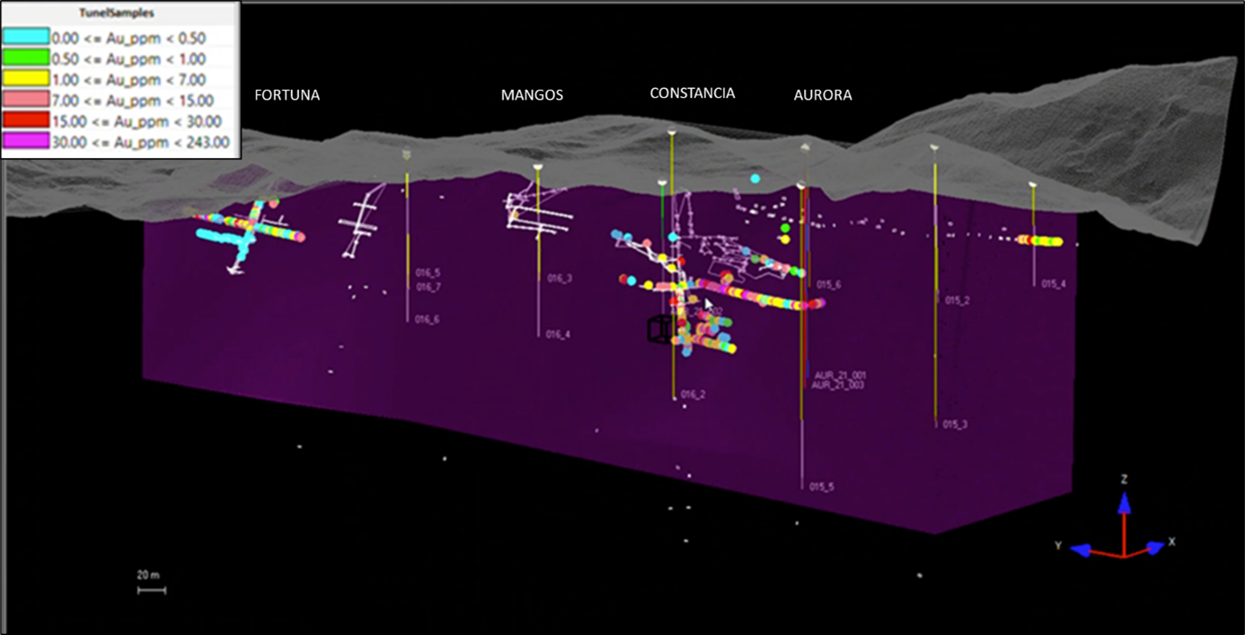 The Aurora mine tunnels with rock channel sampling data.