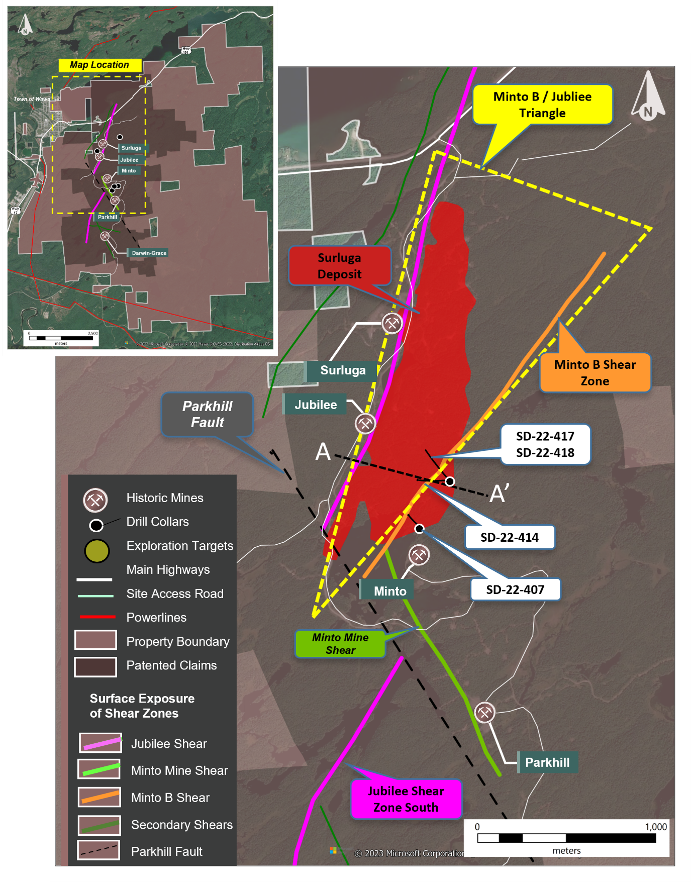 Location of the Minto B / Jubilee Triangle and the current drill hole collar locations from the Surluga Area