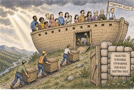 Illustration of families, children and older adults on Noah’s Ark as new ETF strategies are brought aboard, symbolizing financial stewardship.