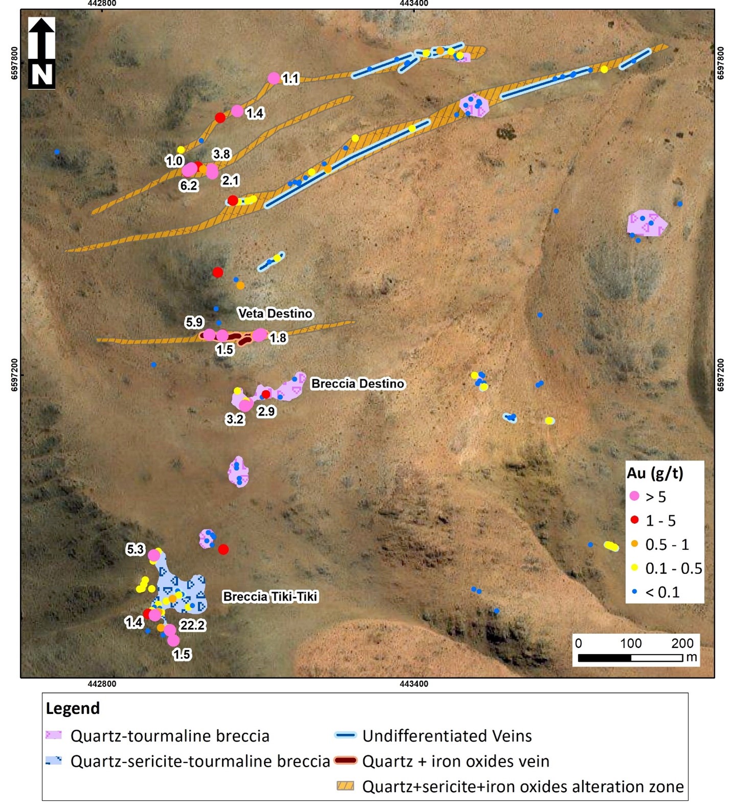 Plan map of the newly discovered Destino vein and breccia system showing distribution of gold grades in rock chip samples that returned up to 22.2 g/t Au. Gold mineralisation is hosted within both epithermal quartz veins and adjacent quartz-tourmaline breccias.