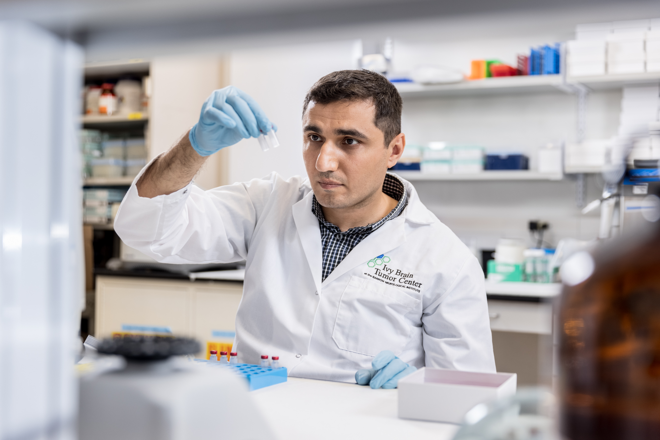 Researchers in the Ivy Center's pharmacokinetics lab analyze tumor tissue to measure drug concentrations, helping to assess how effectively drugs penetrate tumors and reach their intended targets.