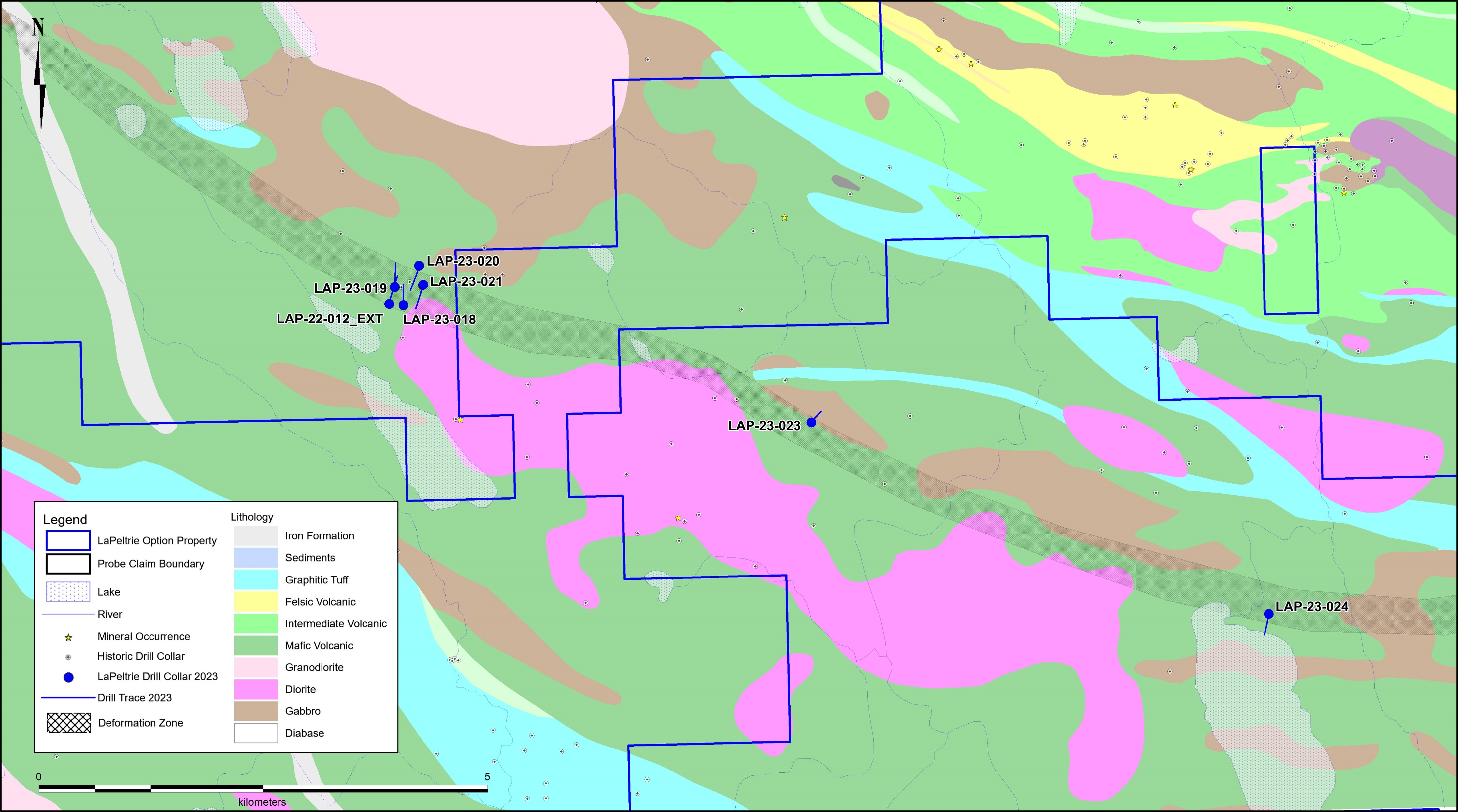 Figure 2 Surface Map – La Peltrie Property regional geology and 2023 drill hole locations