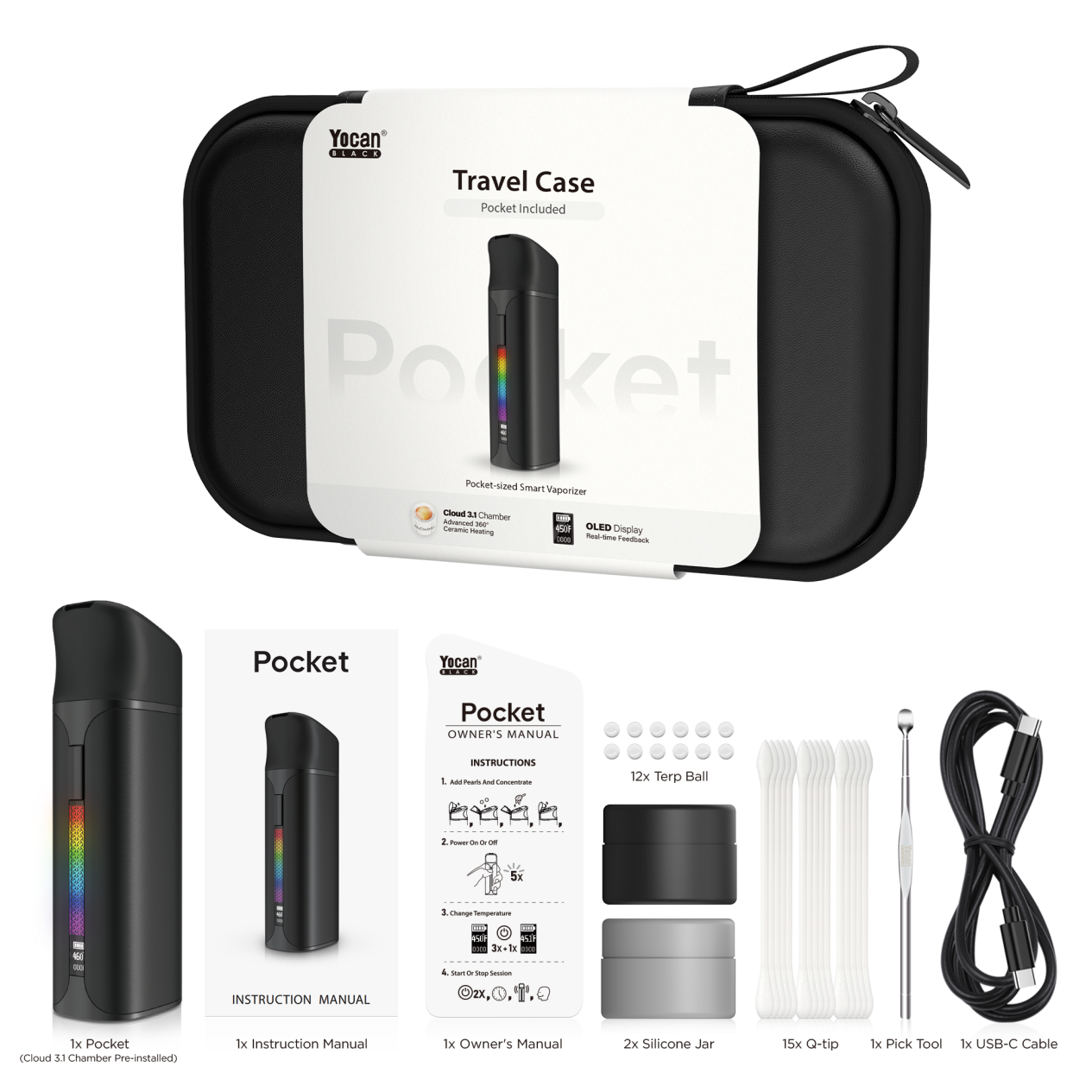 Yocan Black Pocket Full Travel Case Kit contents