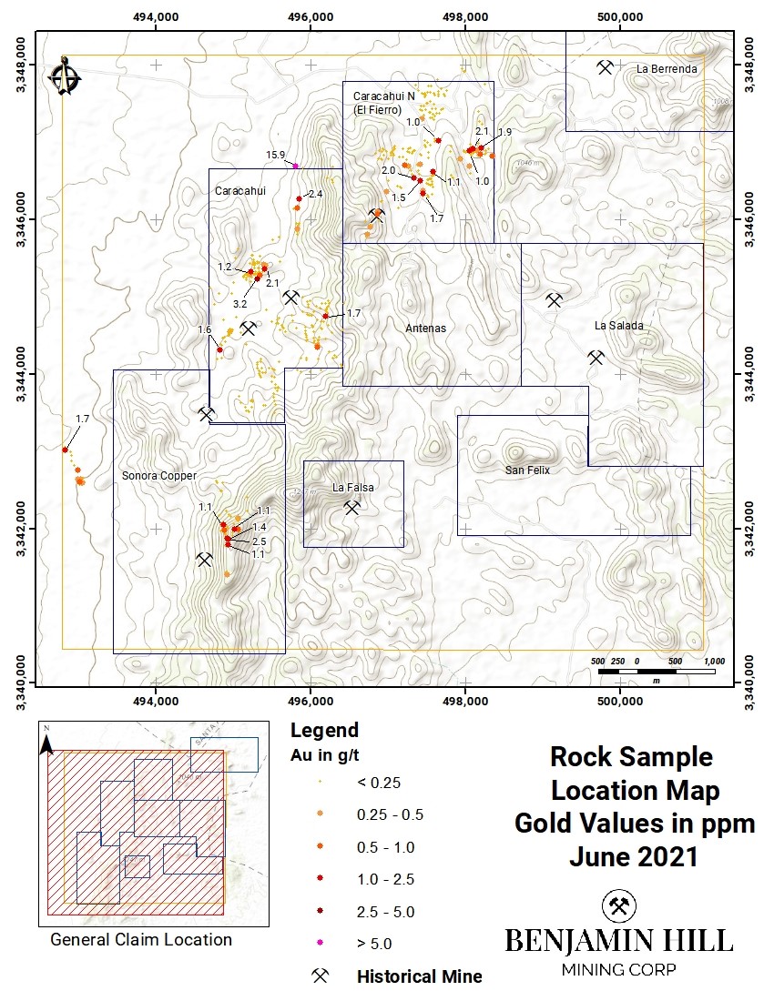 Figure 2: Gold Assays in the Caracahui Norte, Caracahui and Sonora Copper area