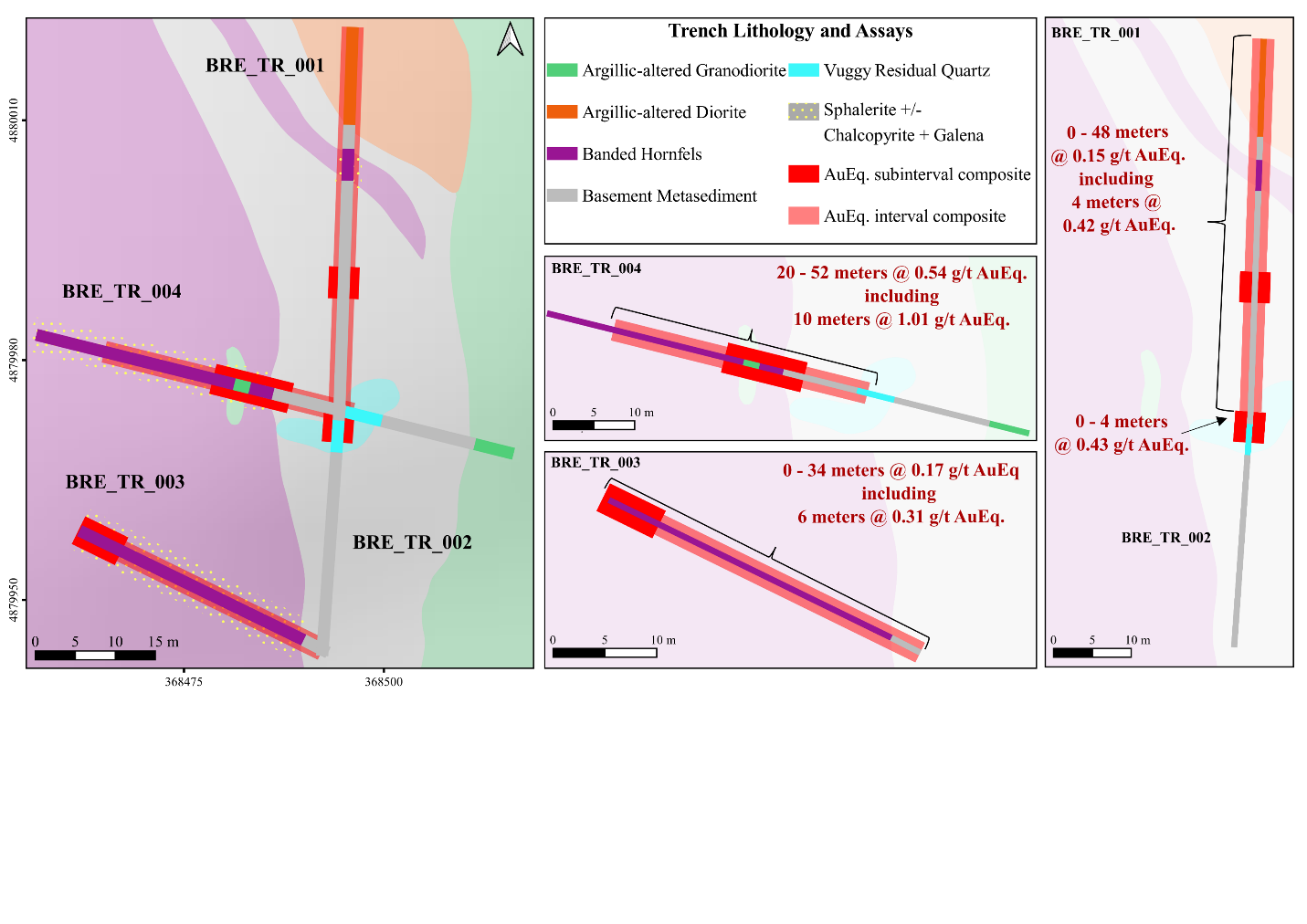 Figure 4: Plan view of Brezani AuEq. intercepts as strip logs on surface geology (scale 1:800).