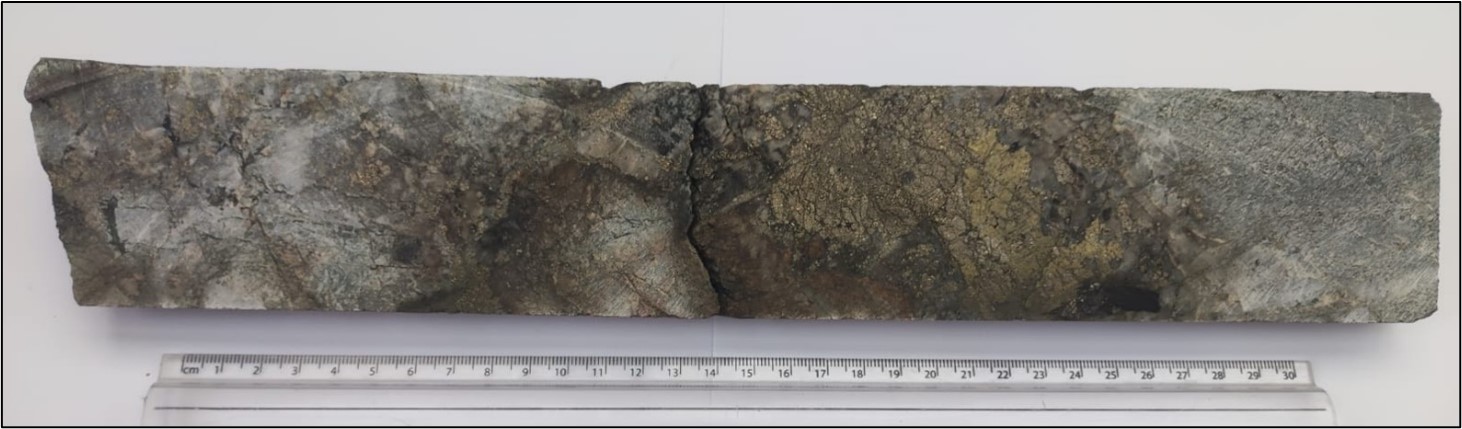 Figure 1. Part of a split section of drill core from hole FR-DD-23-UG-193 grading 72.4 g/t Au and 38 g/t Ag over a 0.36-metre core length.