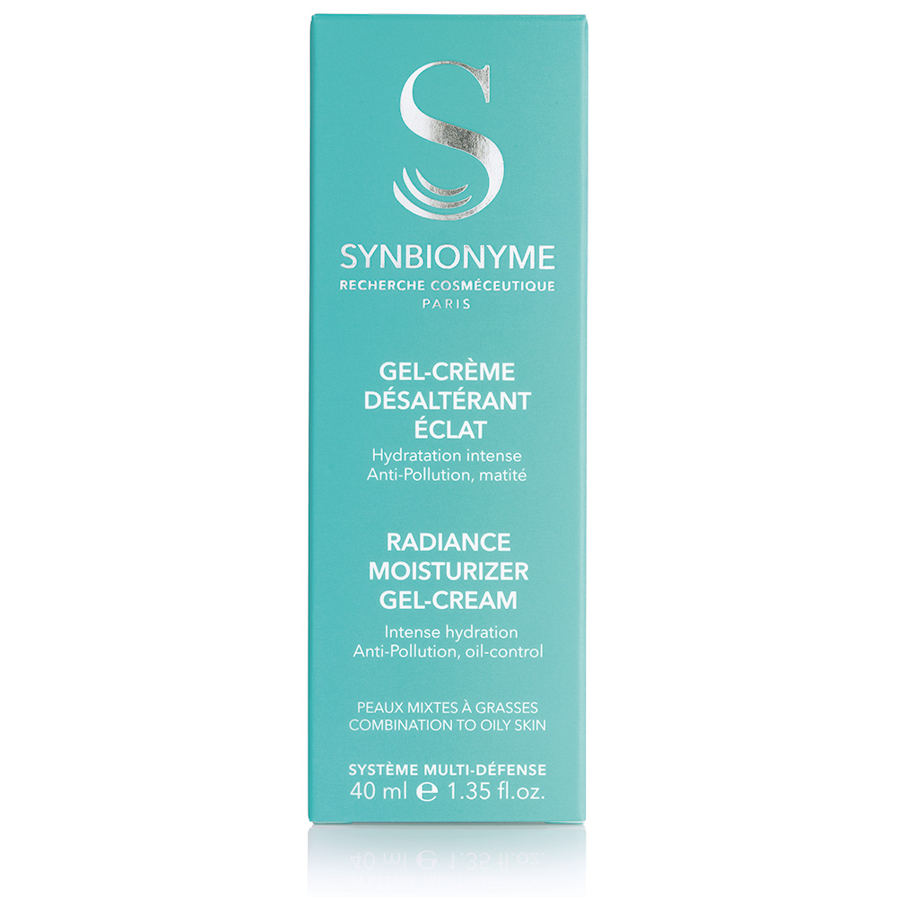 Synbionyme's Radiance Moisturizing Gel-Cream targets mixed and oily skin and shields it from contaminants.
