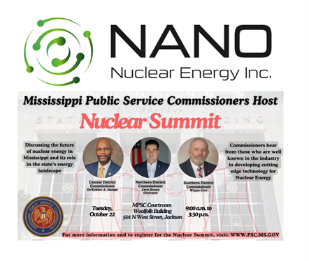 NANO Nuclear Energy Inc. Executives to Present at the Mississippi Public Service Commission’s Nuclear Summit 2024.