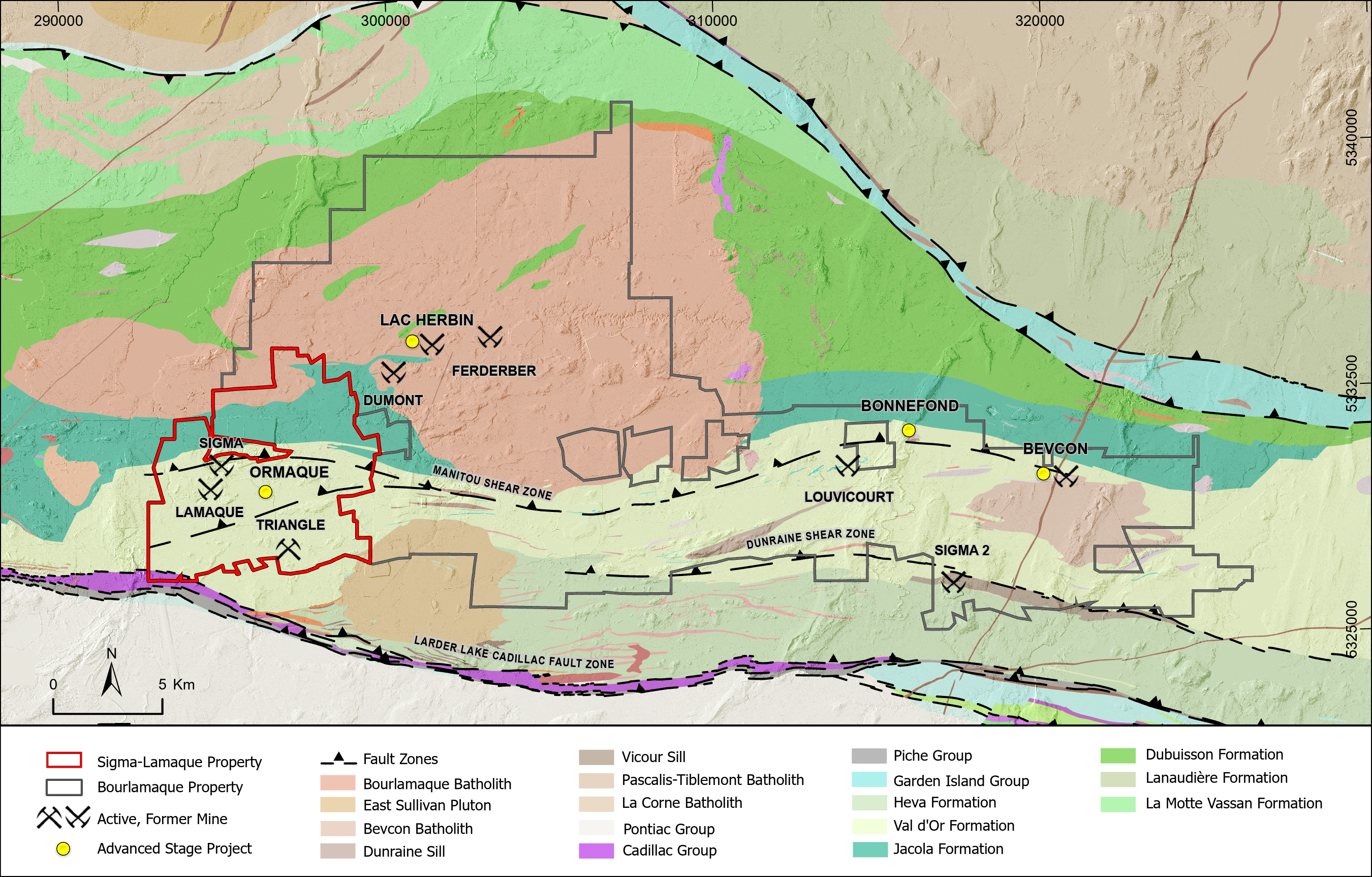 Geological map of the Bourlamaque and Sigma-Lamaque properties, showing locations of current advanced stage projects.
